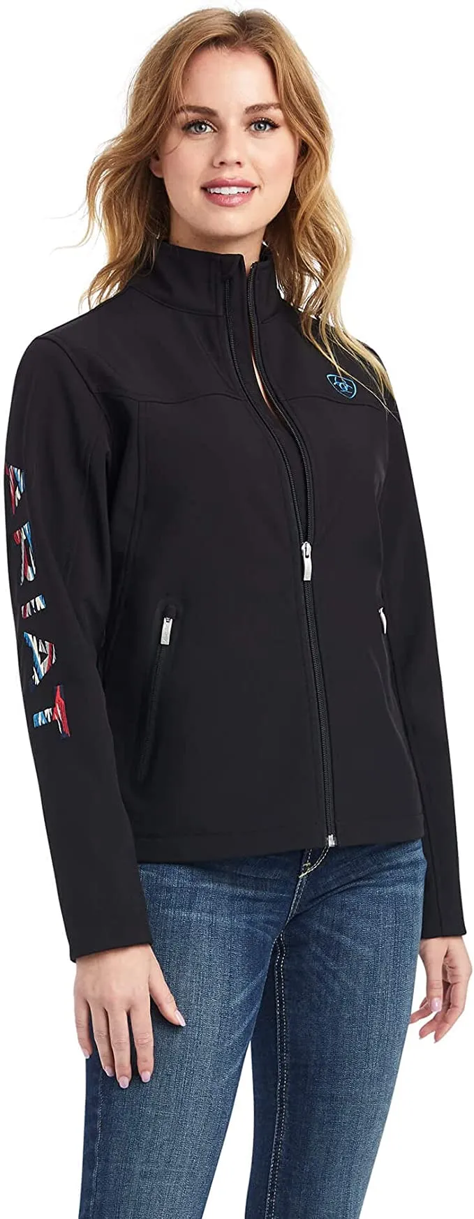 ARIAT Women's Team Logo Softshell Chimayo Jacket Black/New Mexico Navy Print 10042185