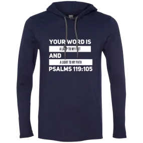 Bible Verse Men Long Sleeve T-Shirt Hoodie - Your Word Is Light To My Path ~Psalm 119:105~ Design 21 (White Font)