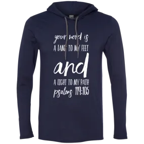 Bible Verse Men Long Sleeve T-Shirt Hoodie - Your Word Is Light To My Path ~Psalm 119:105~ Design 9 (White Font)