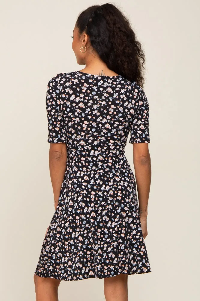 Black Floral Wrap Front V-Neck Short Sleeve Dress