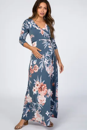 Blue Pink Floral Wrap Maternity Maxi Dress