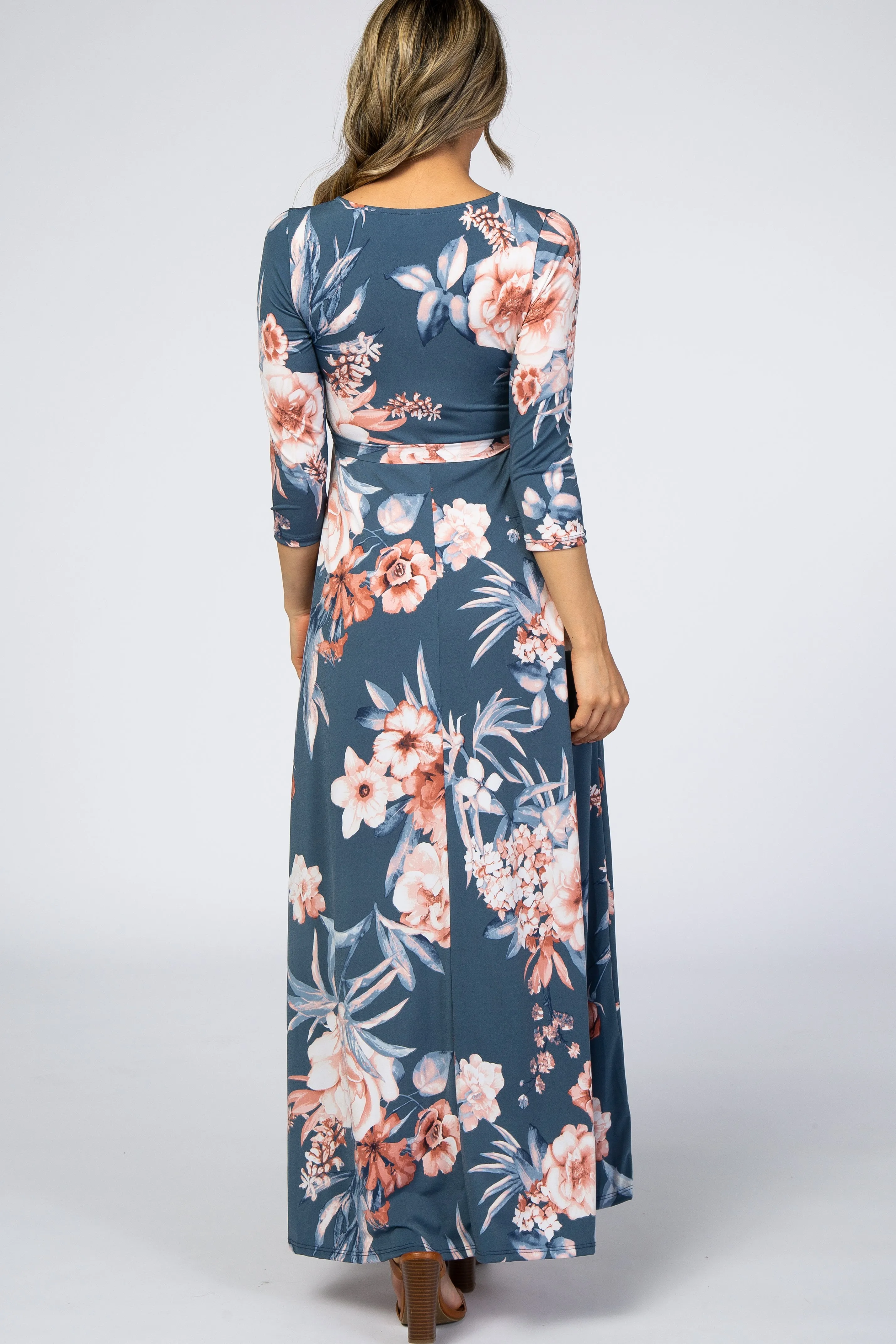 Blue Pink Floral Wrap Maxi Dress