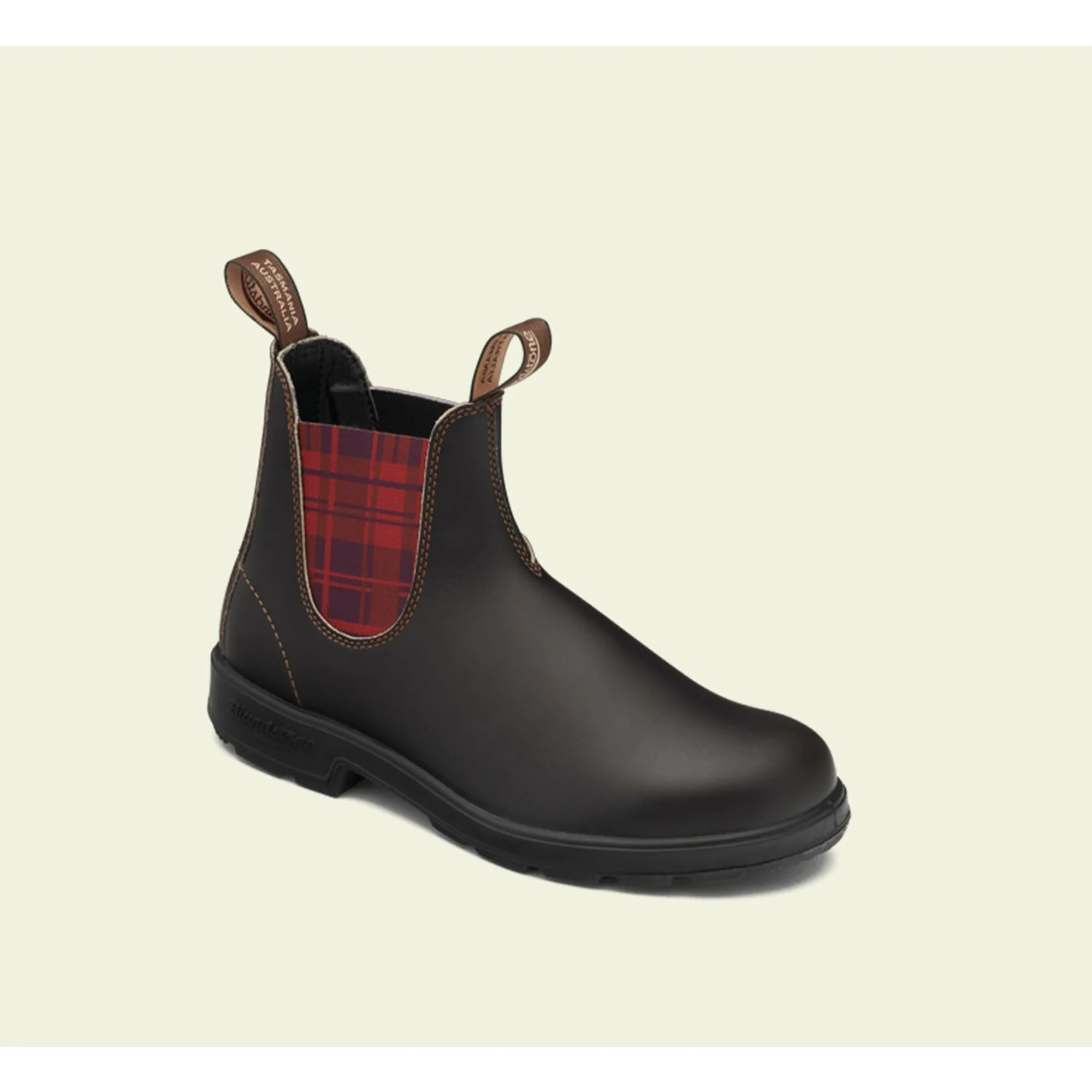 Blundstone Original 2100 Chelsea Boot in Brown with Burgundy Tartan Elastic