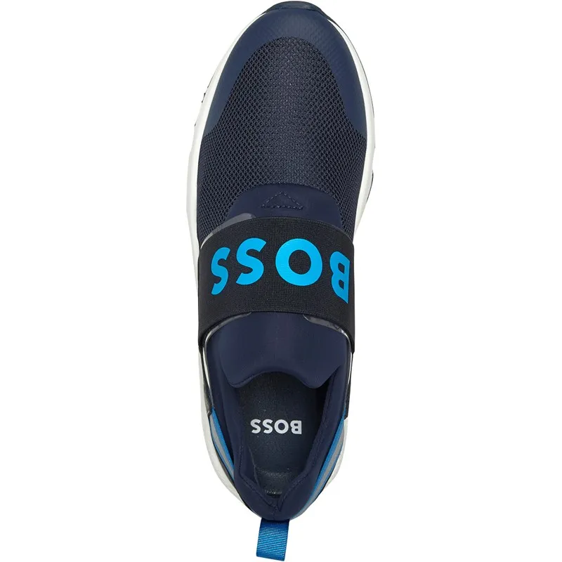 BOSS Junior Logo Print Laceless Trainers Navy