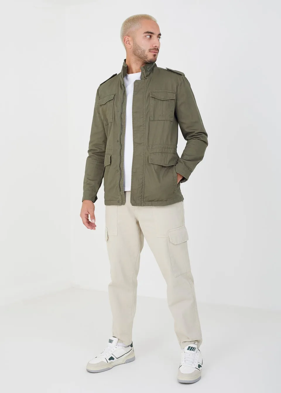 Brave Soul Khaki Addlington Cotton Twill Funnel Neck Jacket