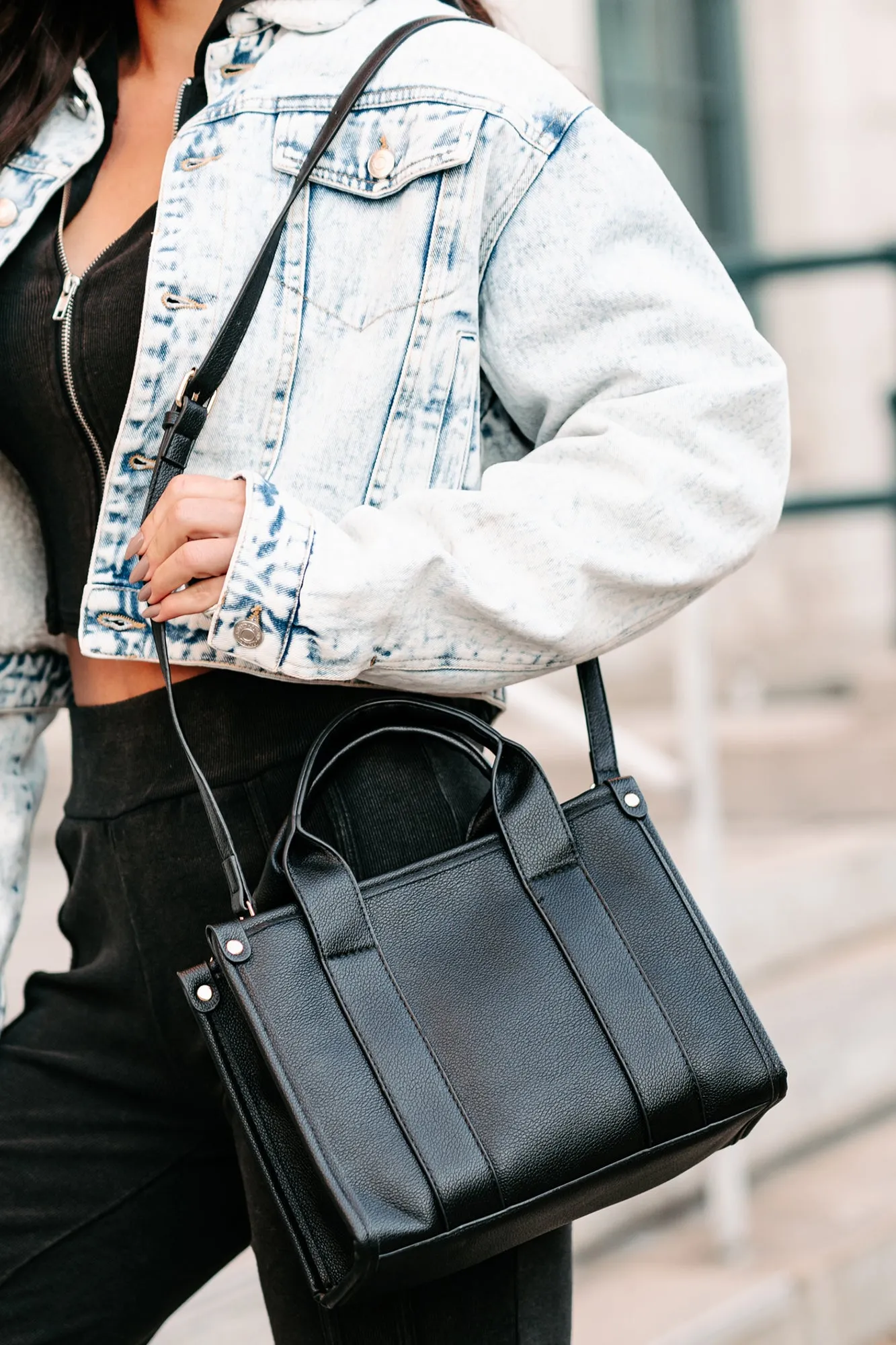 Business Is Booming Faux Leather Structured Tote Purse (Black)