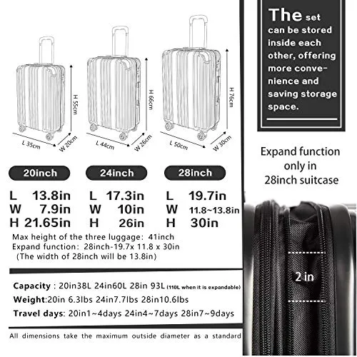 COOLIFE Luggage Expandable Suitcase PC+ABS 3 Piece Set with TSA Lock Spinner Carry on 20in24in28in(Black, 3 piece set)