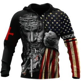 Fashion Hoodie with American Symbols 3D Print / Cool Top with Knight and Jesus Print