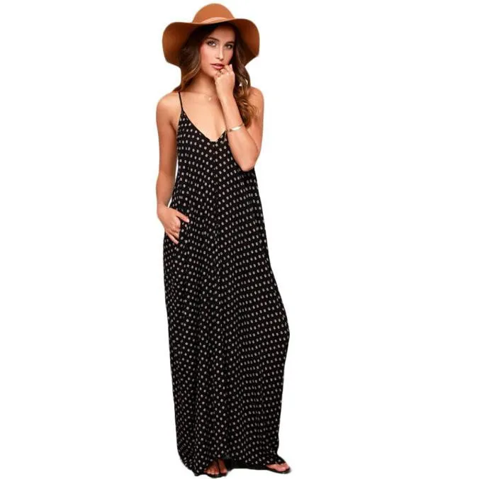 Feida Sexy Women Ladies Strap V Neck Polka dot Dresses Loose Party wrap Club Maxi style Long Beach Dress Vestidos