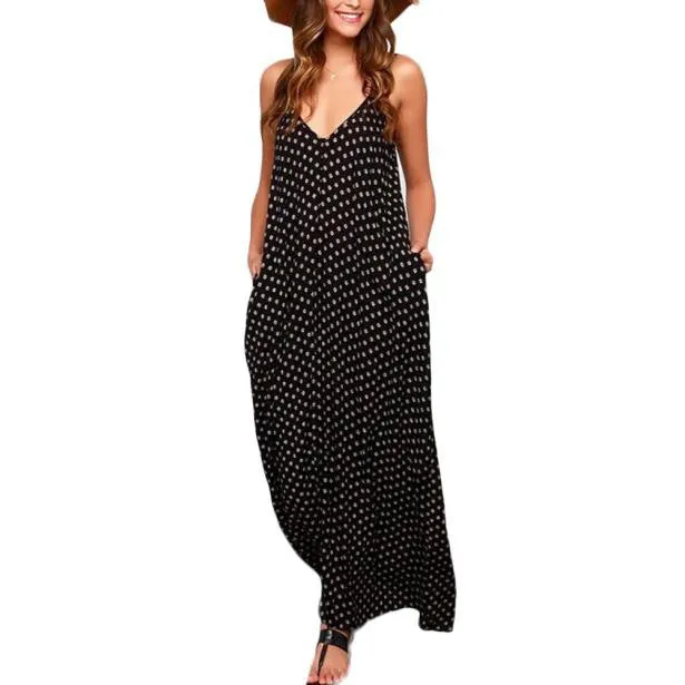 Feida Sexy Women Ladies Strap V Neck Polka dot Dresses Loose Party wrap Club Maxi style Long Beach Dress Vestidos