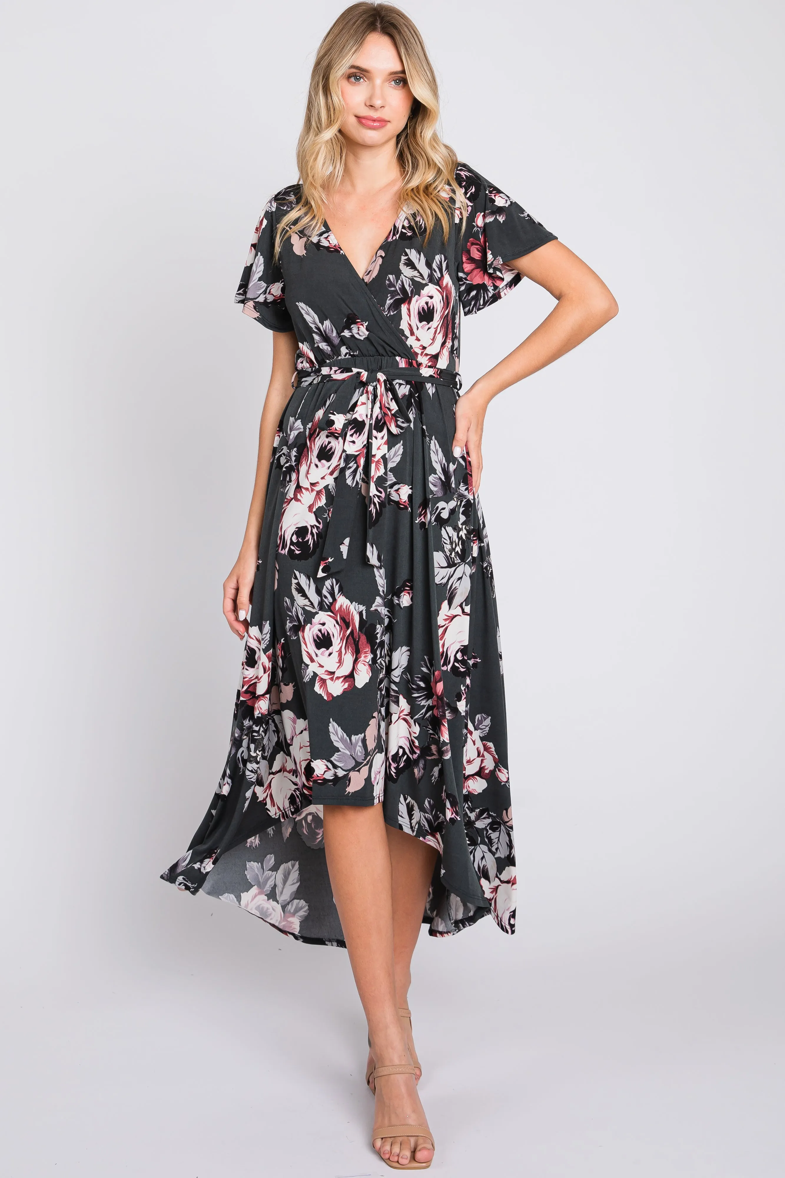 Forest Green Floral High-Low Maternity Wrap Dress