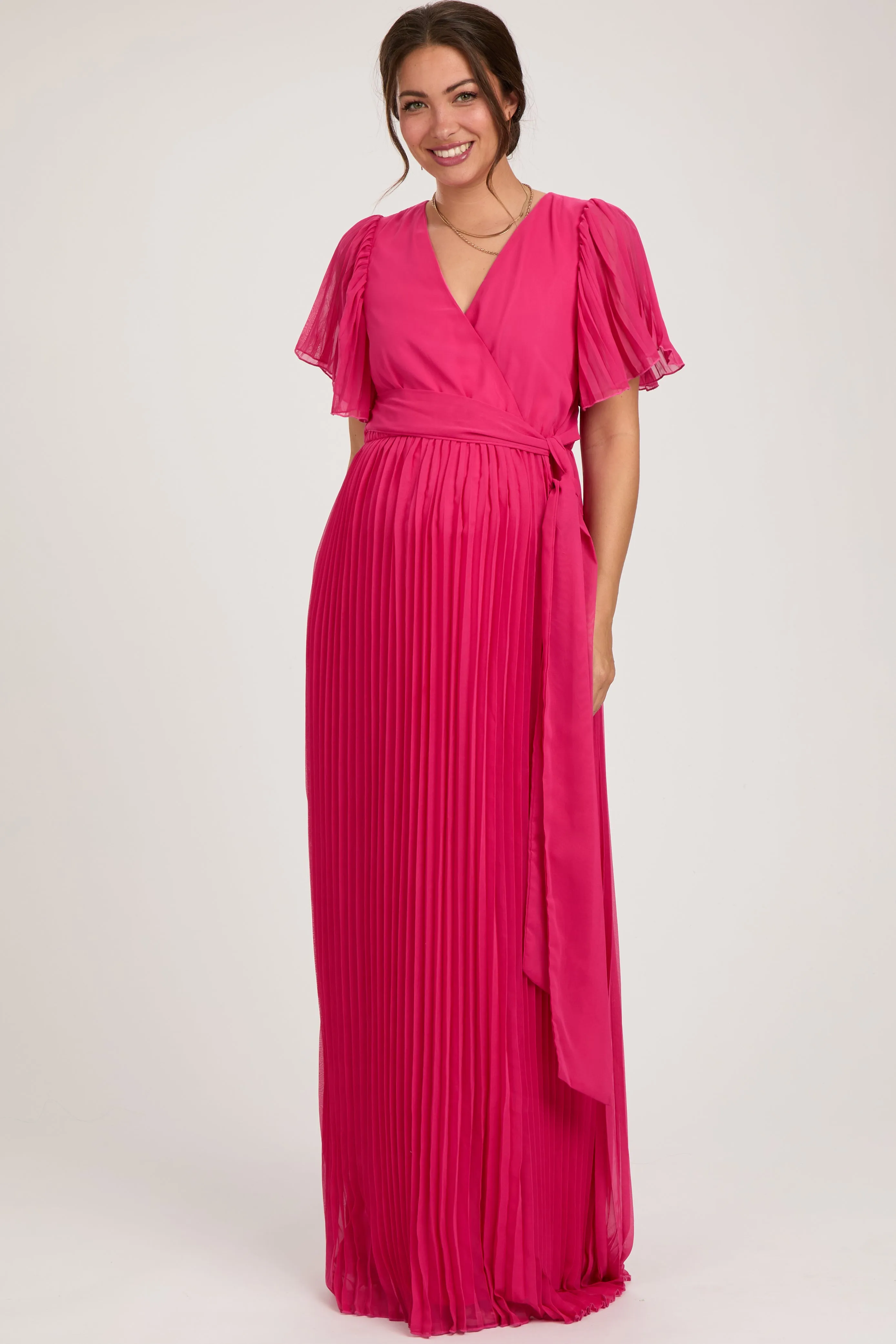 Fuchsia Chiffon Wrap Front V-Neck Short Sleeve Pleated Maternity Maxi Dress