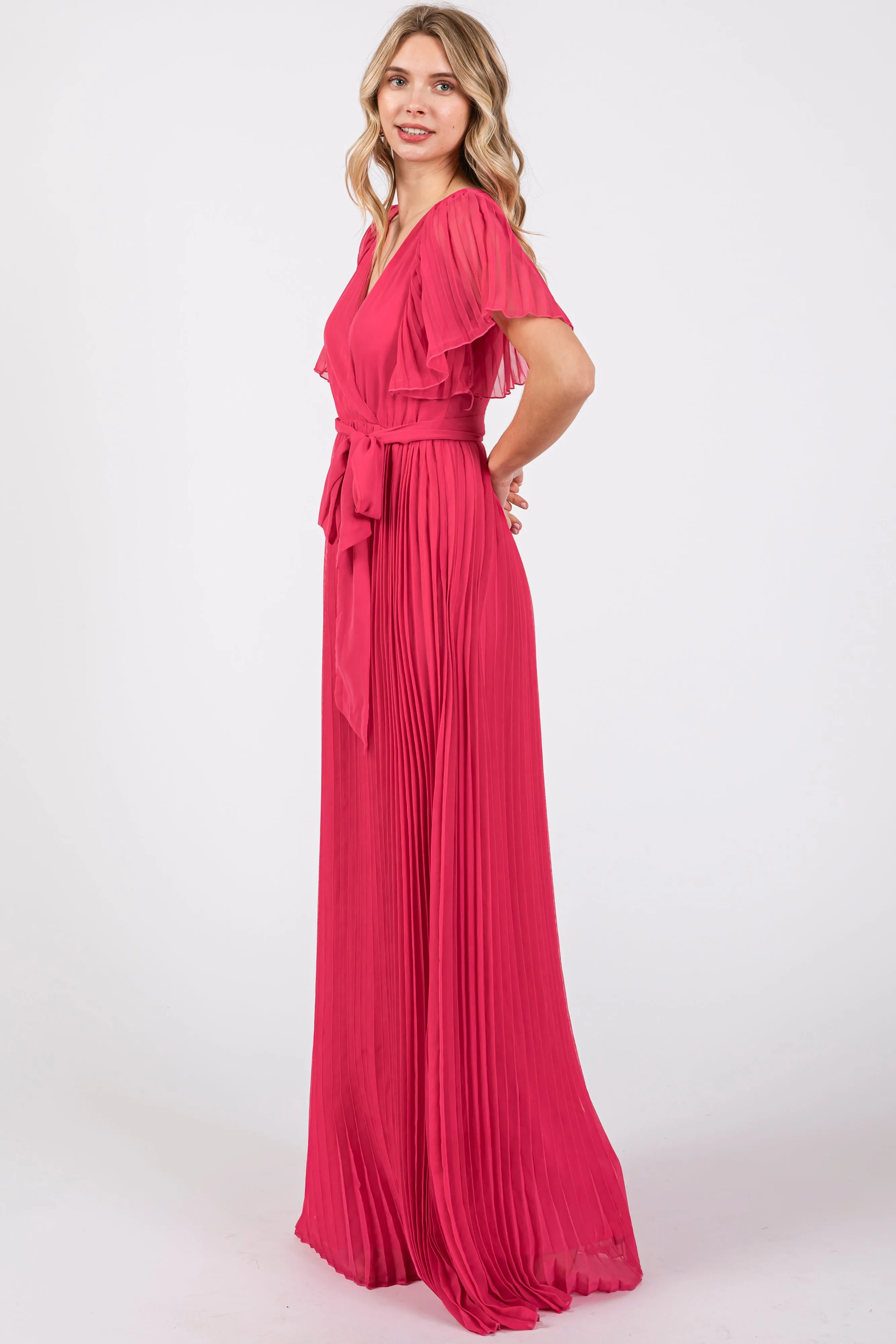 Fuchsia Chiffon Wrap Front V-Neck Short Sleeve Pleated Maxi Dress