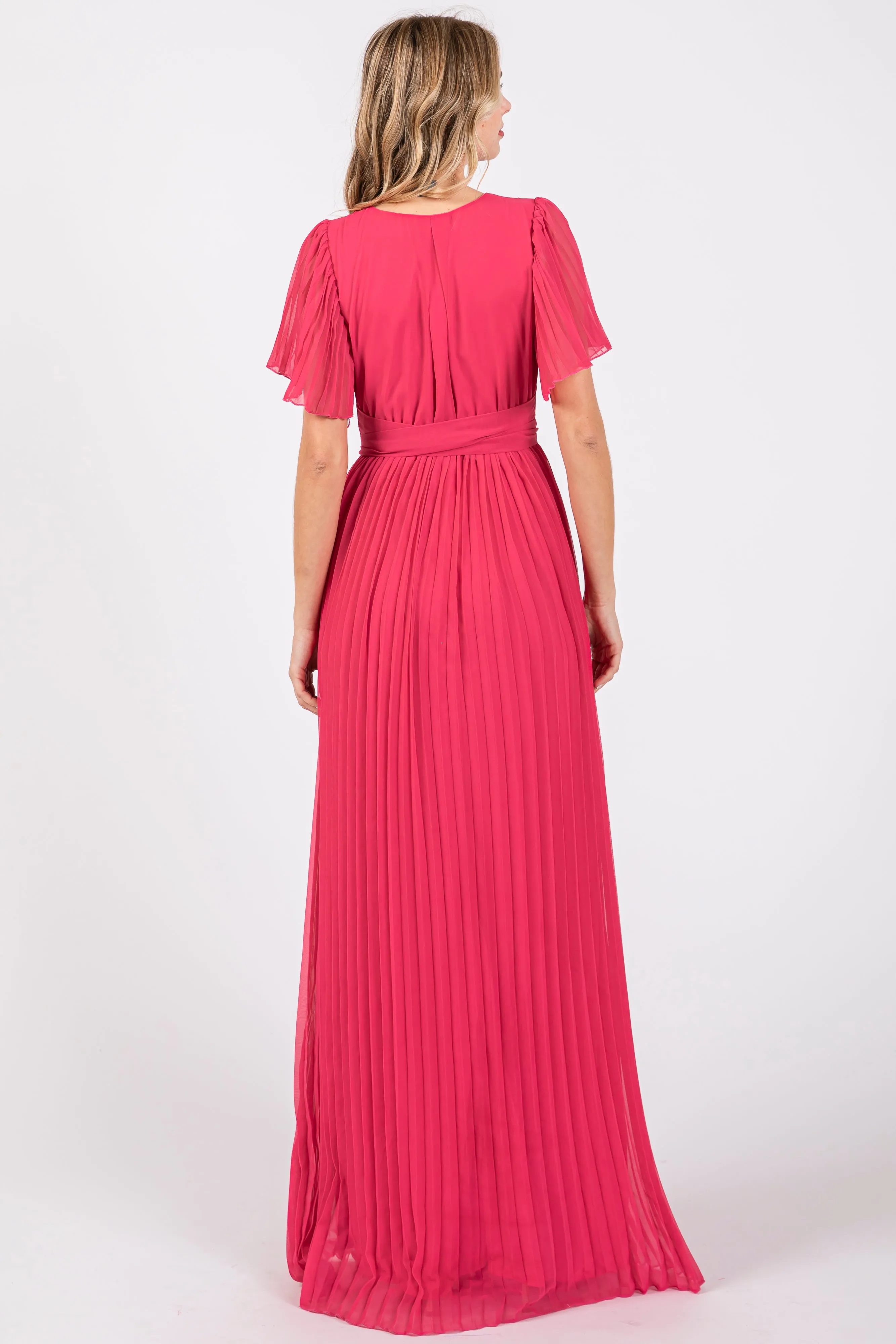 Fuchsia Chiffon Wrap Front V-Neck Short Sleeve Pleated Maxi Dress