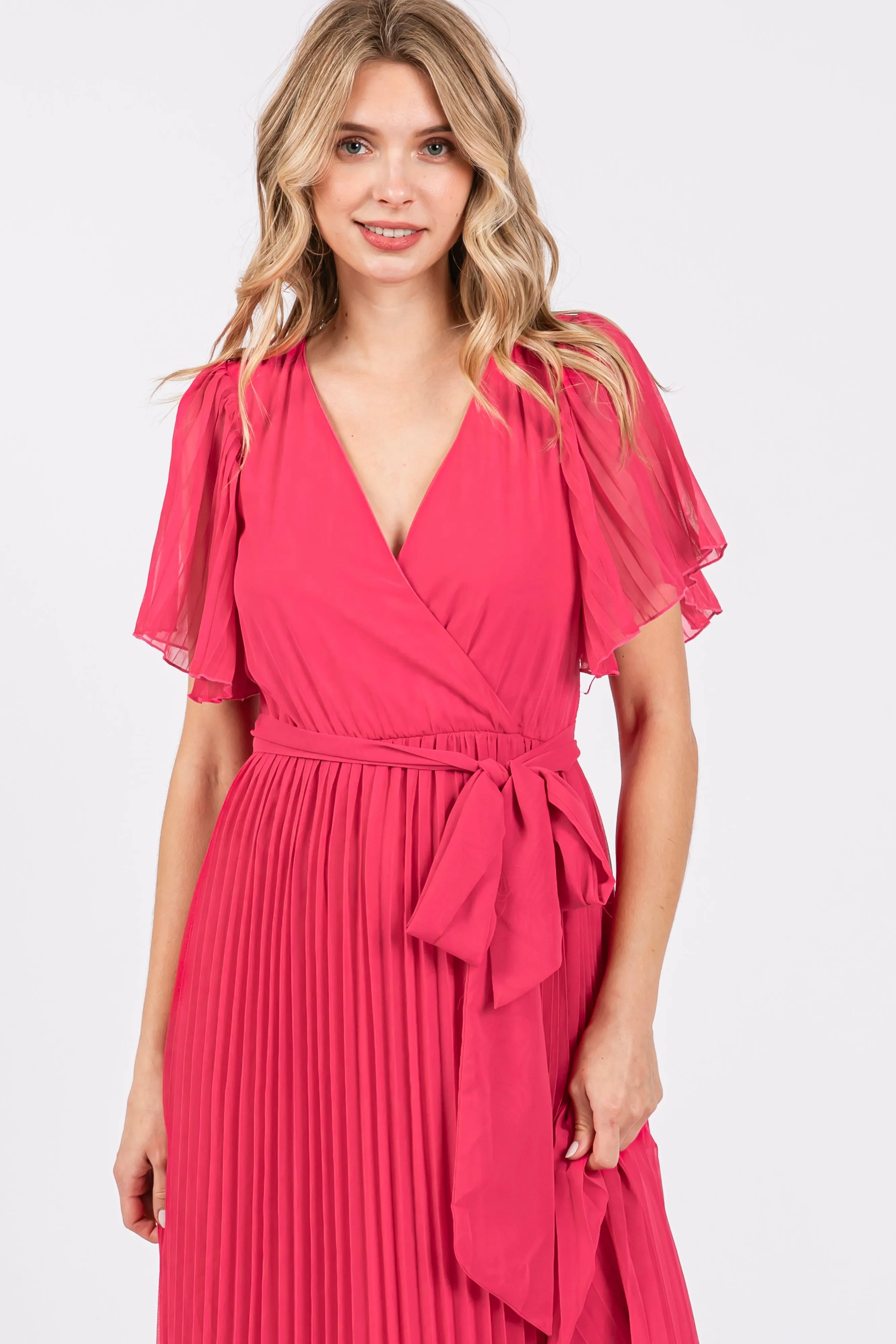 Fuchsia Chiffon Wrap Front V-Neck Short Sleeve Pleated Maxi Dress