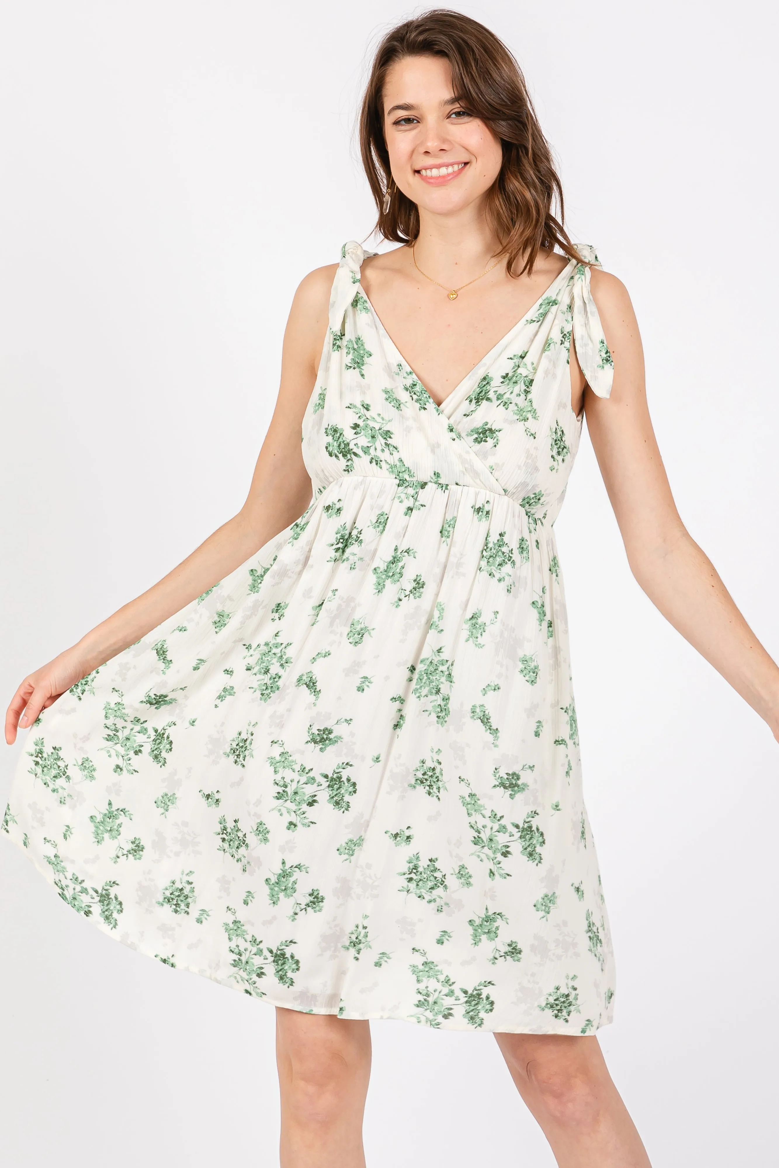 Ivory Green Floral Knotted Wrap V-Neck Dress