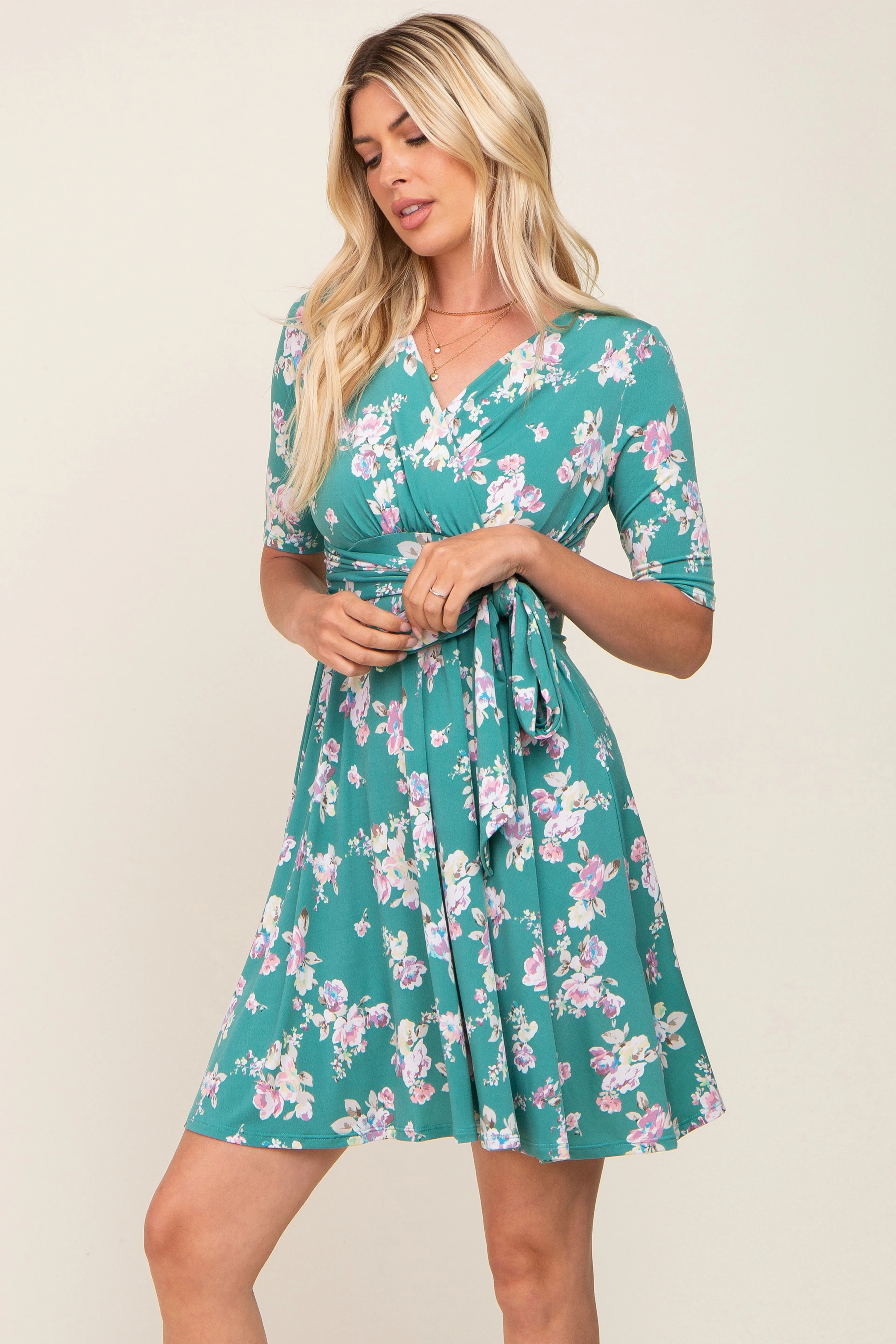 Jade Floral Wrap Front V-Neck Short Sleeve Dress