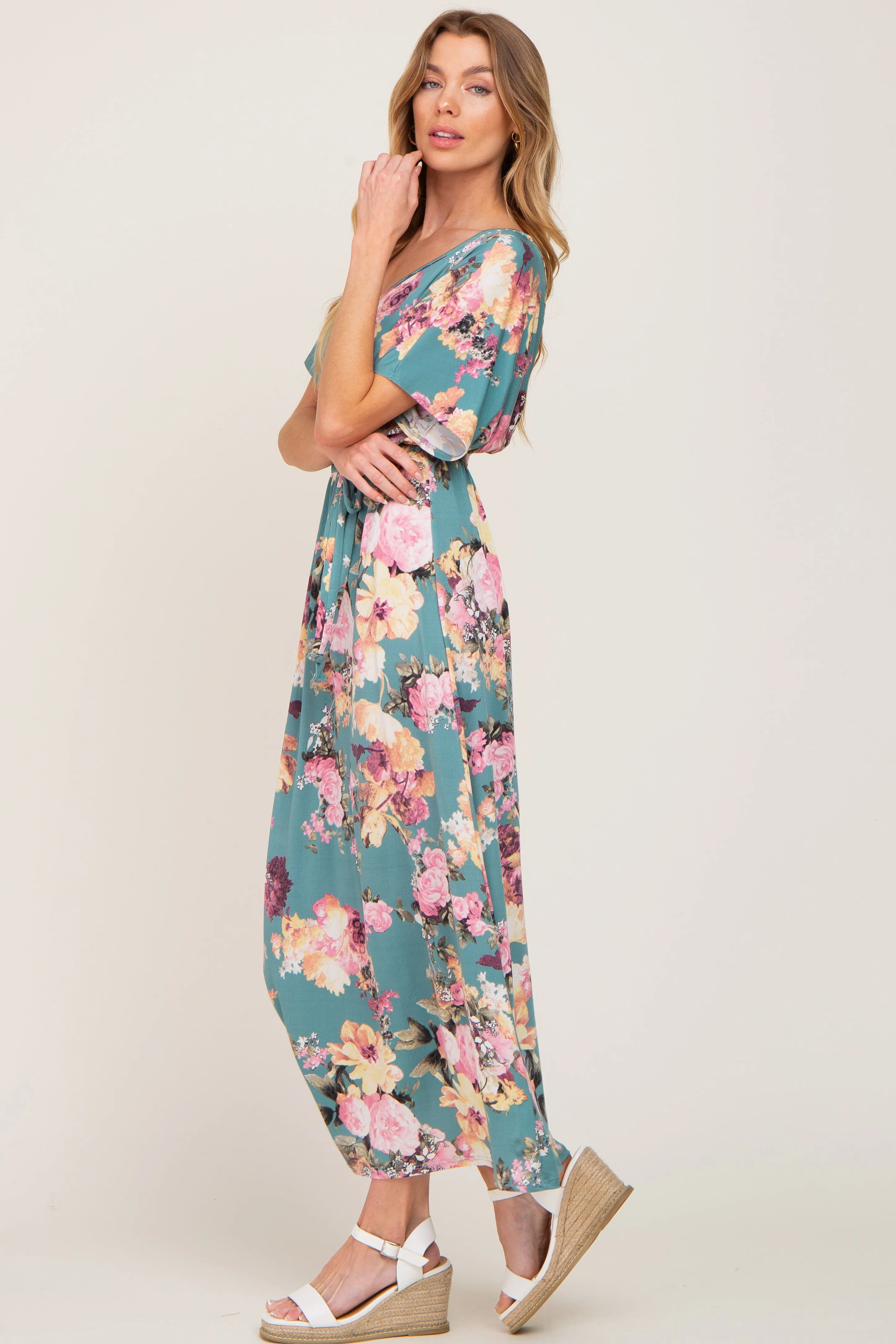 Jade Floral Wrap Front Waist Tie Maxi Dress