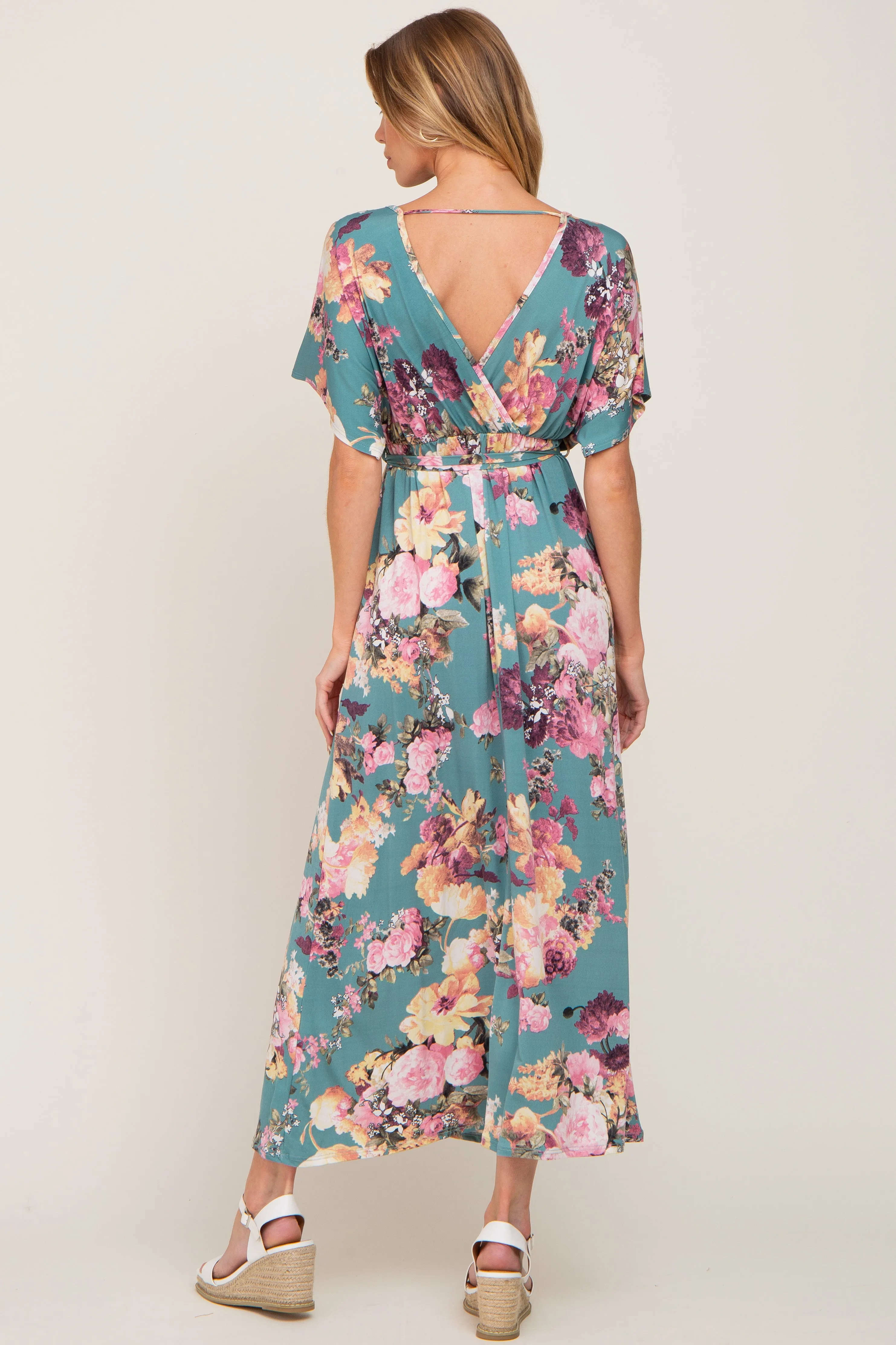 Jade Floral Wrap Front Waist Tie Maxi Dress