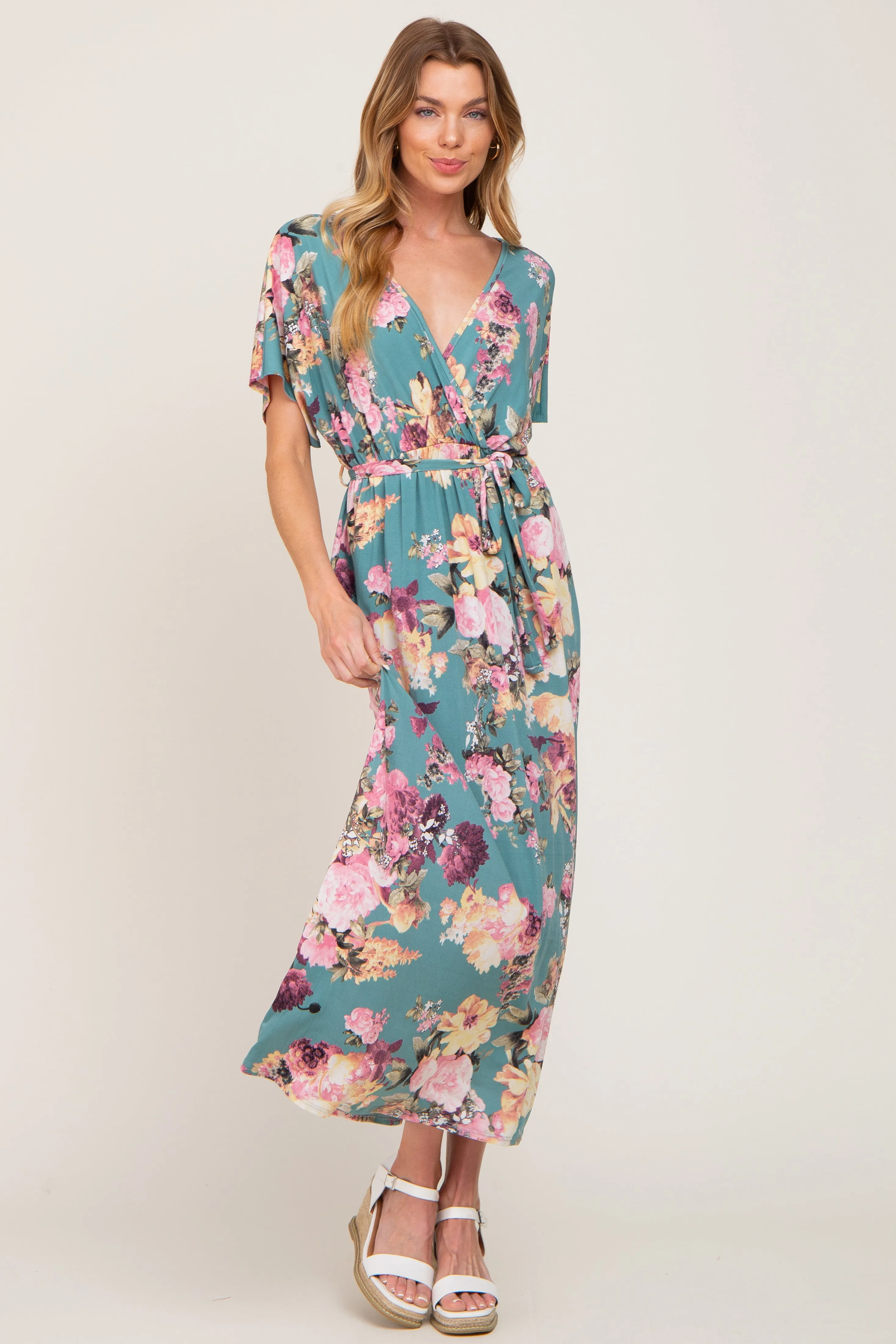 Jade Floral Wrap Front Waist Tie Maxi Dress