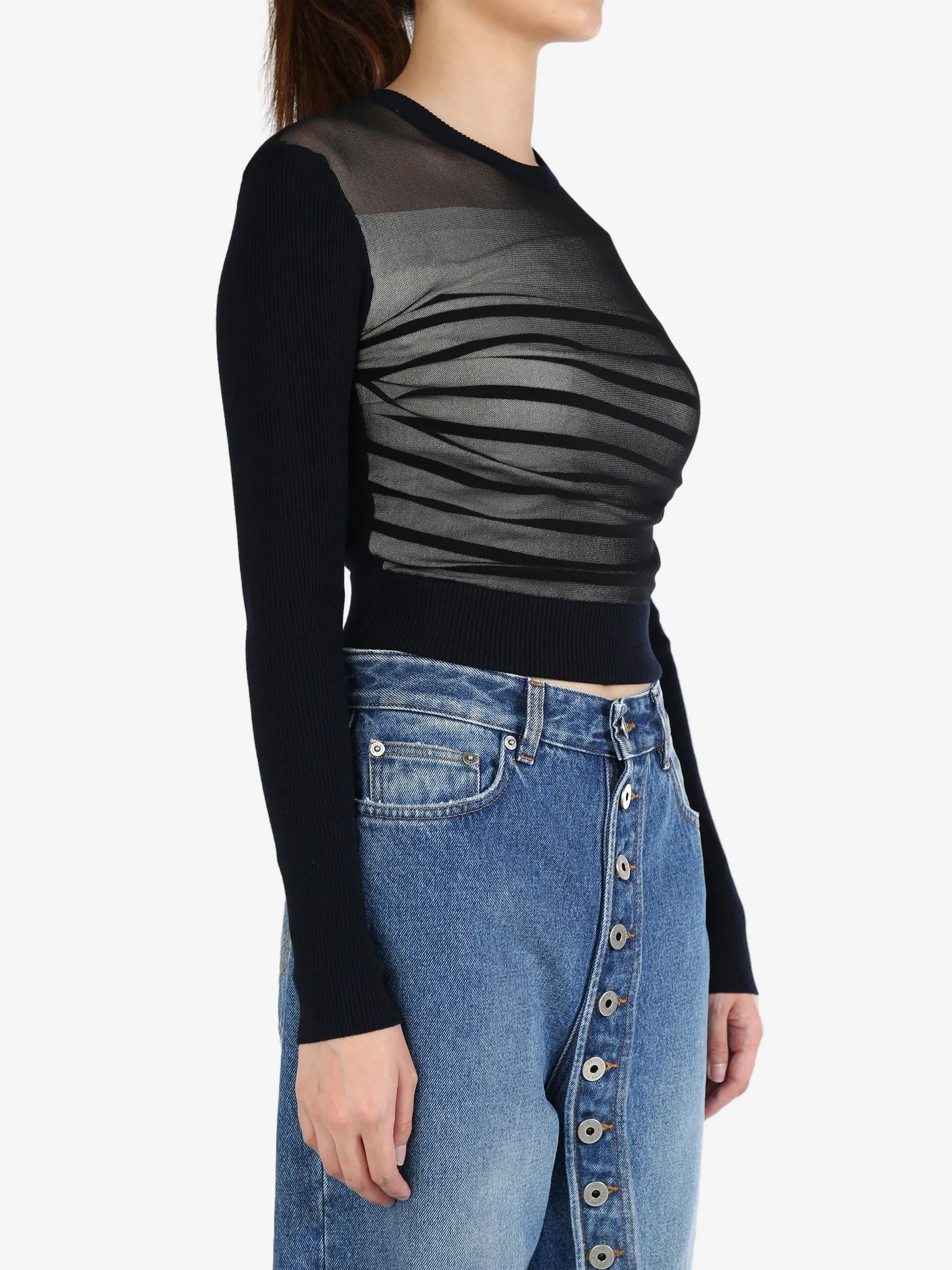 JEAN PAUL GAULTIER - Women Mesh Layer Crewneck Ribbed Mariniere Pullover