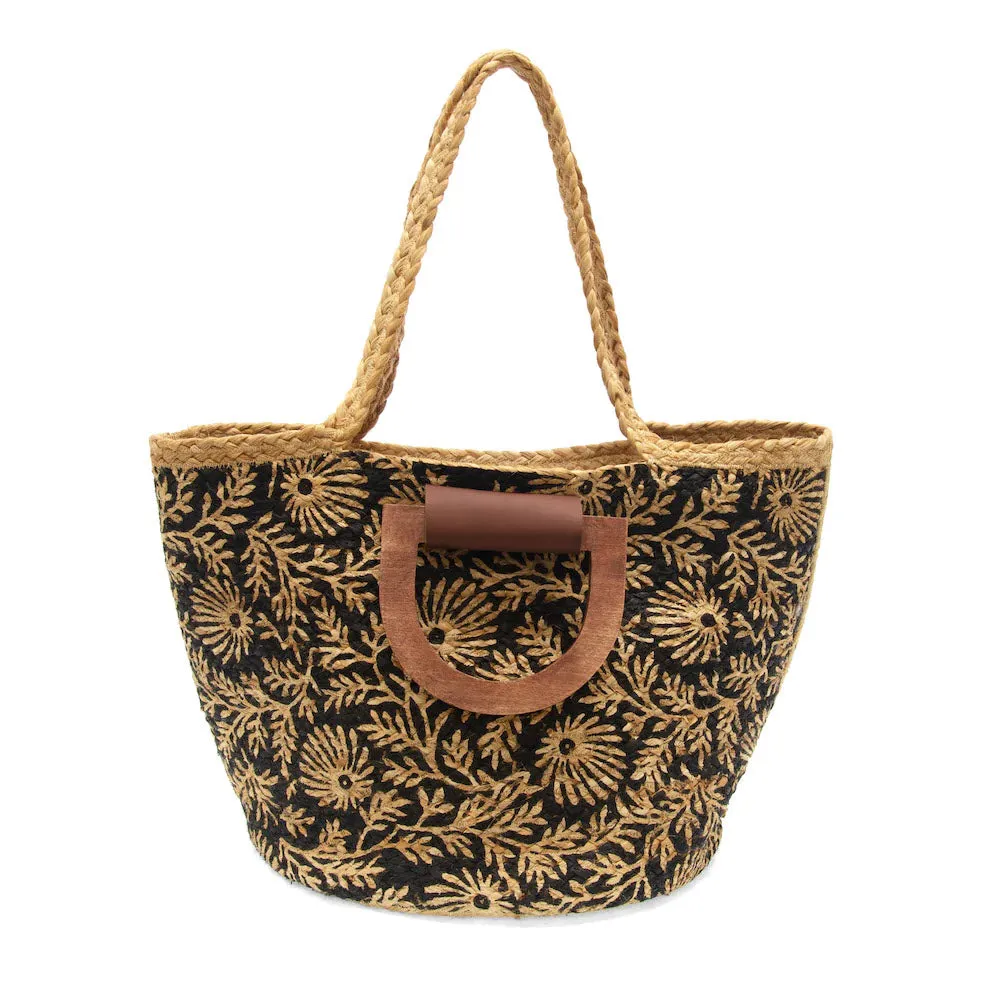 JOY CALYPSO JUTE TOTE BLACK FLORAL