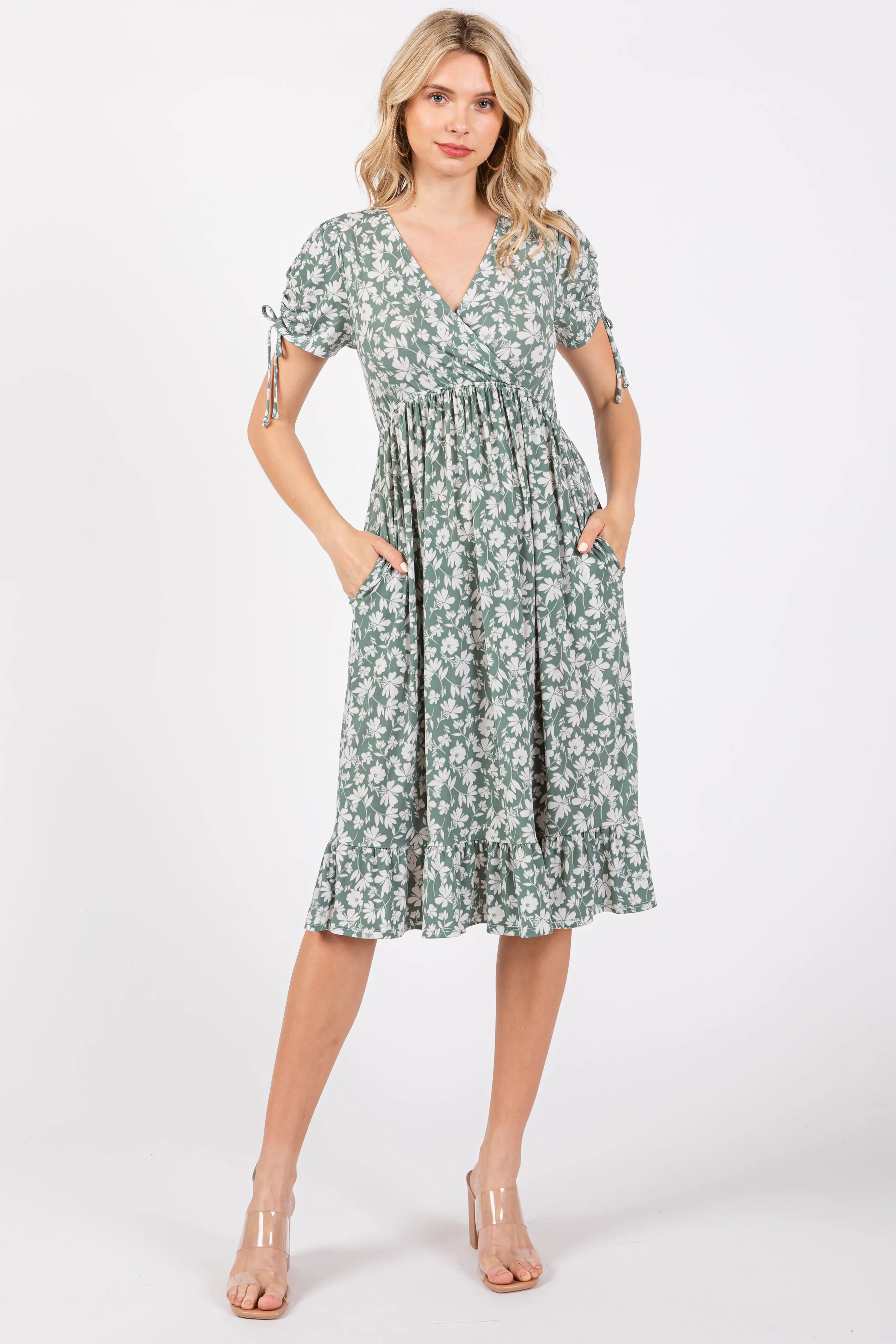 Light Olive Floral Wrap Midi Dress