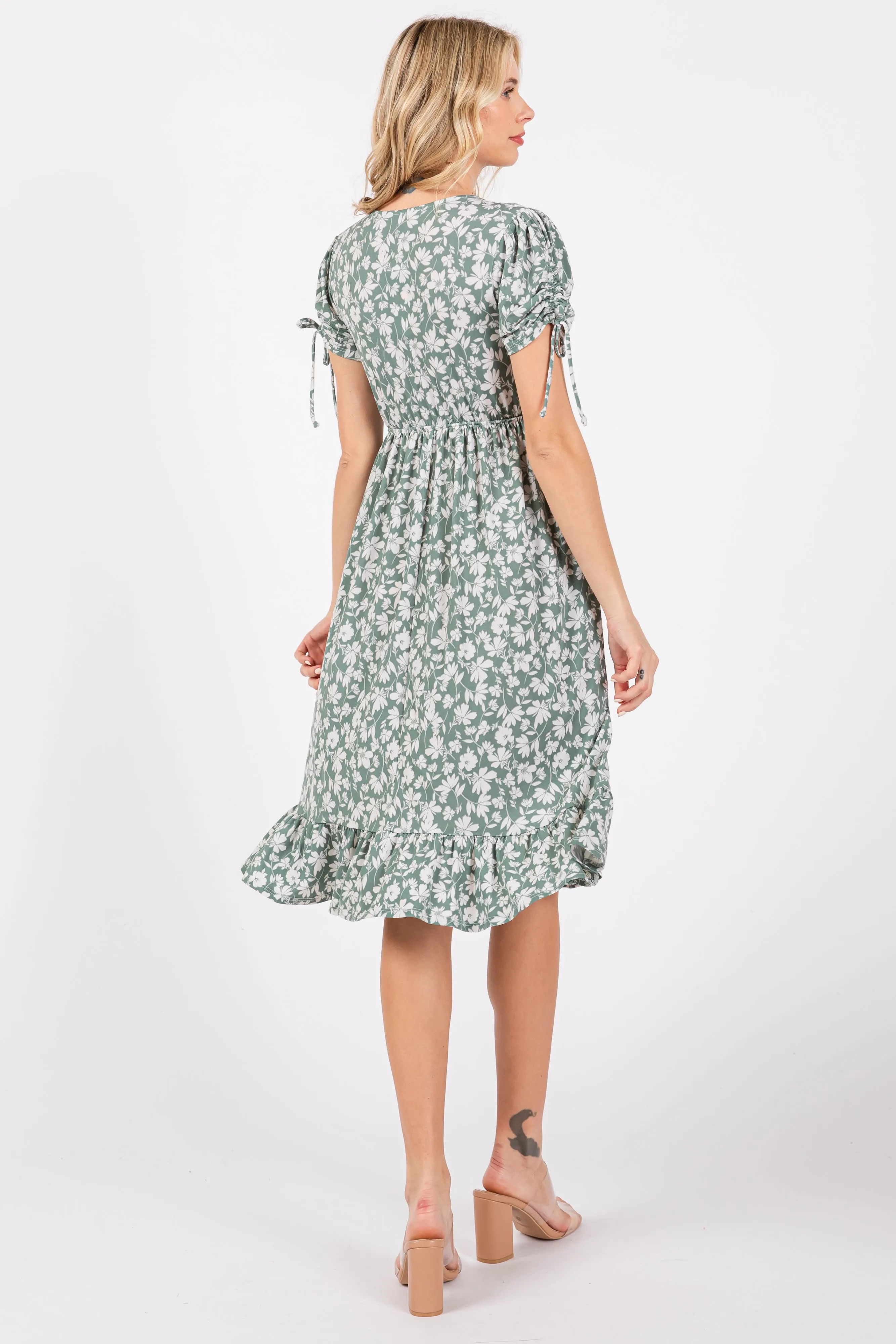 Light Olive Floral Wrap Midi Dress