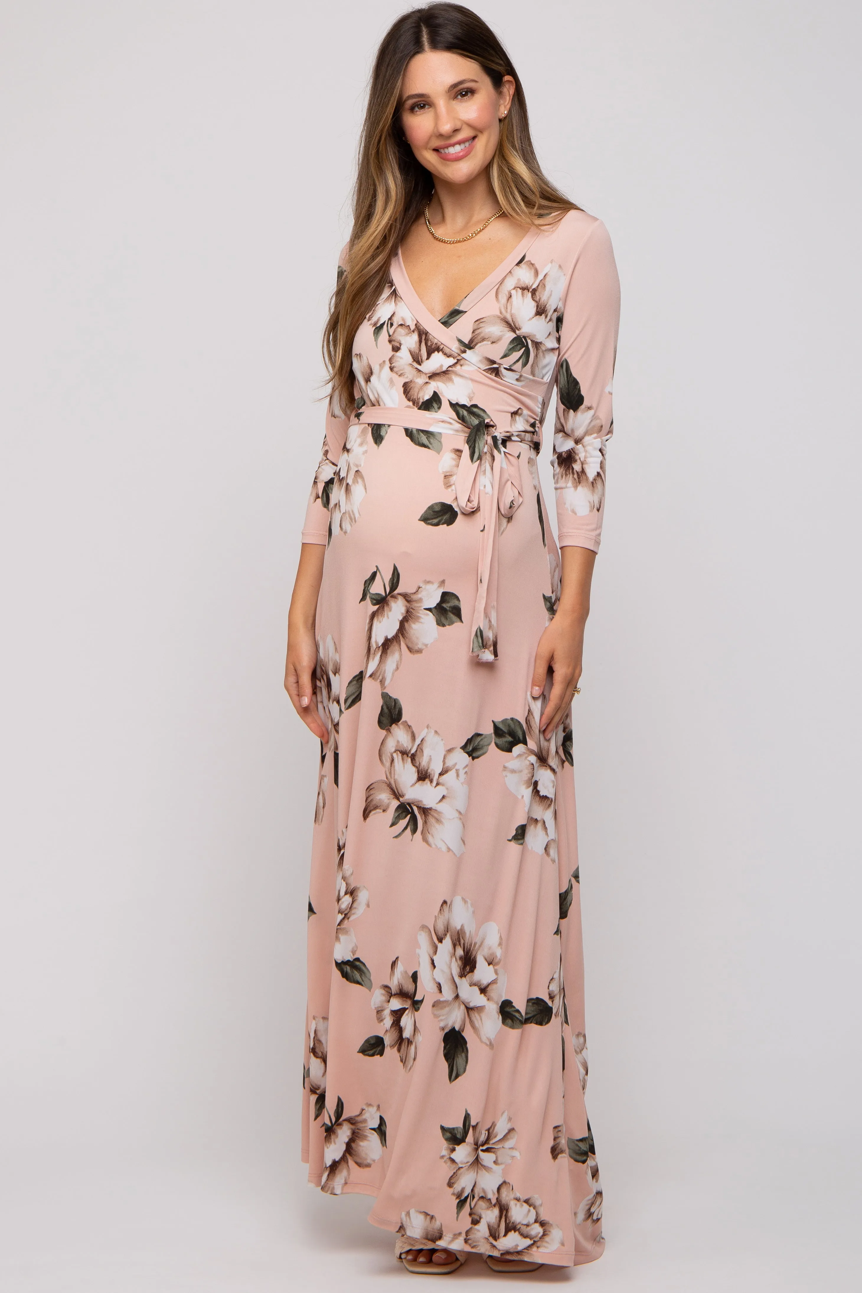 Light Pink Floral Wrap Maternity Maxi Dress