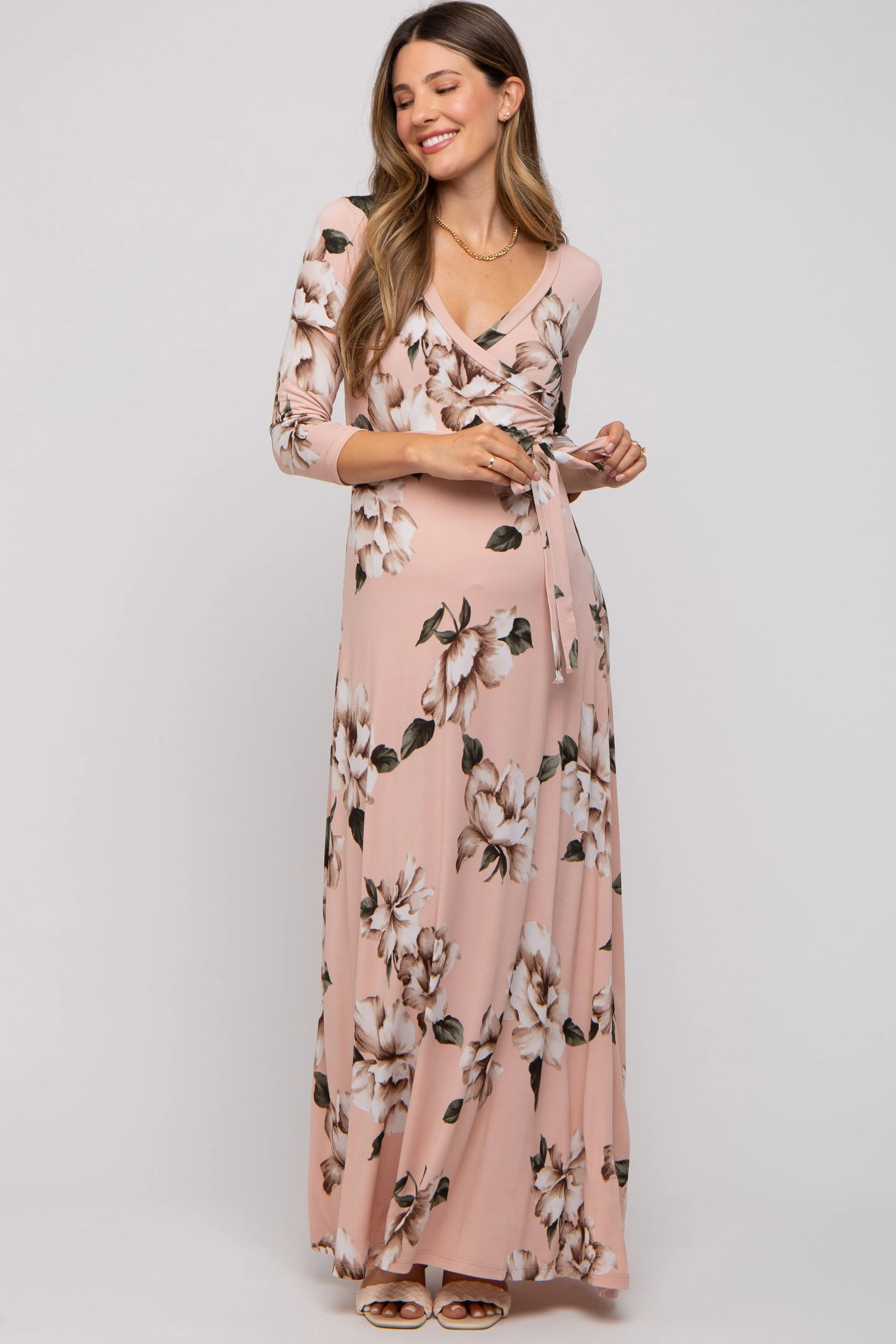 Light Pink Floral Wrap Maternity Maxi Dress