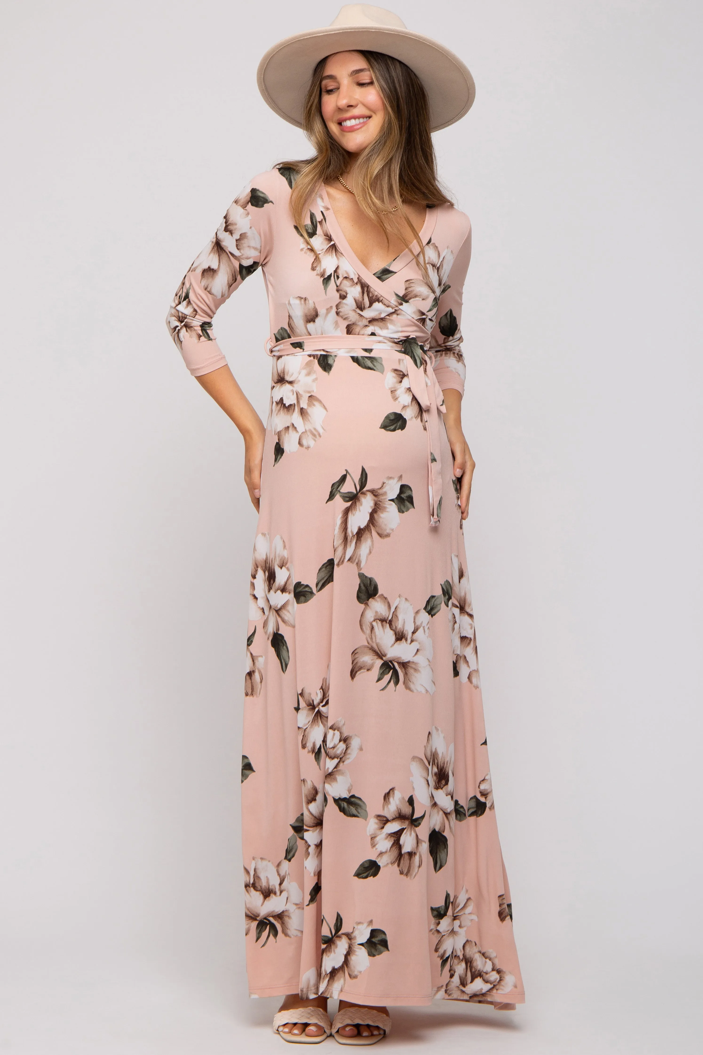 Light Pink Floral Wrap Maternity Maxi Dress