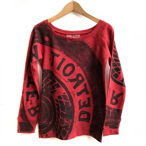 Manhole Cover Women's Pullover Wide Neck Red Sweatshirt, Detroit Tire Print