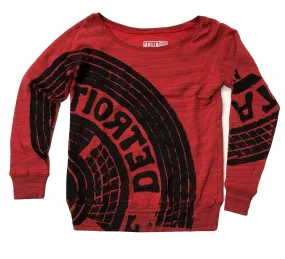 Manhole Cover Women's Pullover Wide Neck Red Sweatshirt, Detroit Tire Print