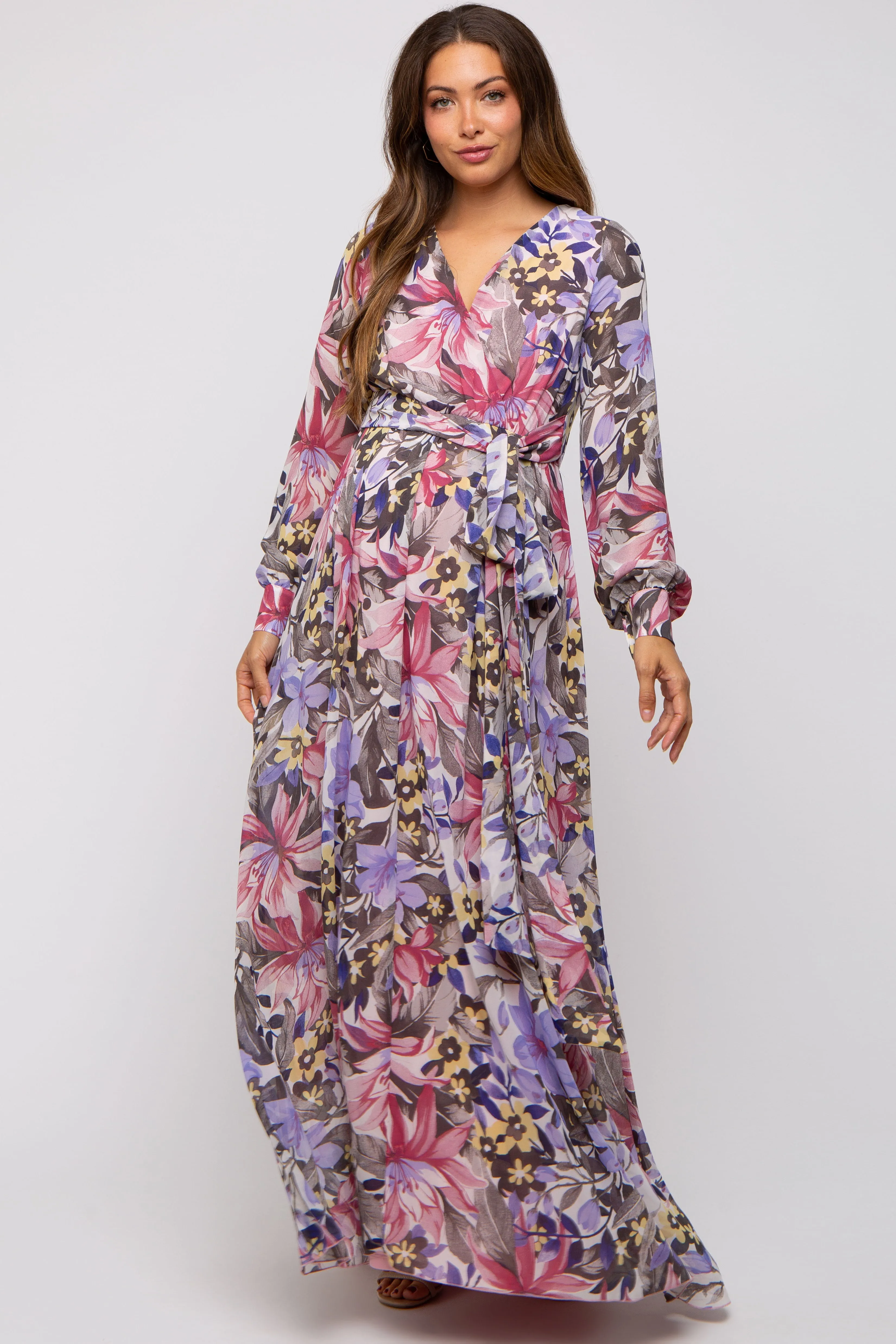 Mauve Floral Chiffon Wrap Front V-Neck Long Sleeve Maternity Maxi Dress