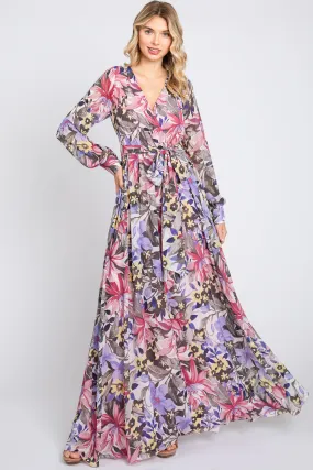 Mauve Floral Chiffon Wrap Front V-Neck Long Sleeve Maxi Dress