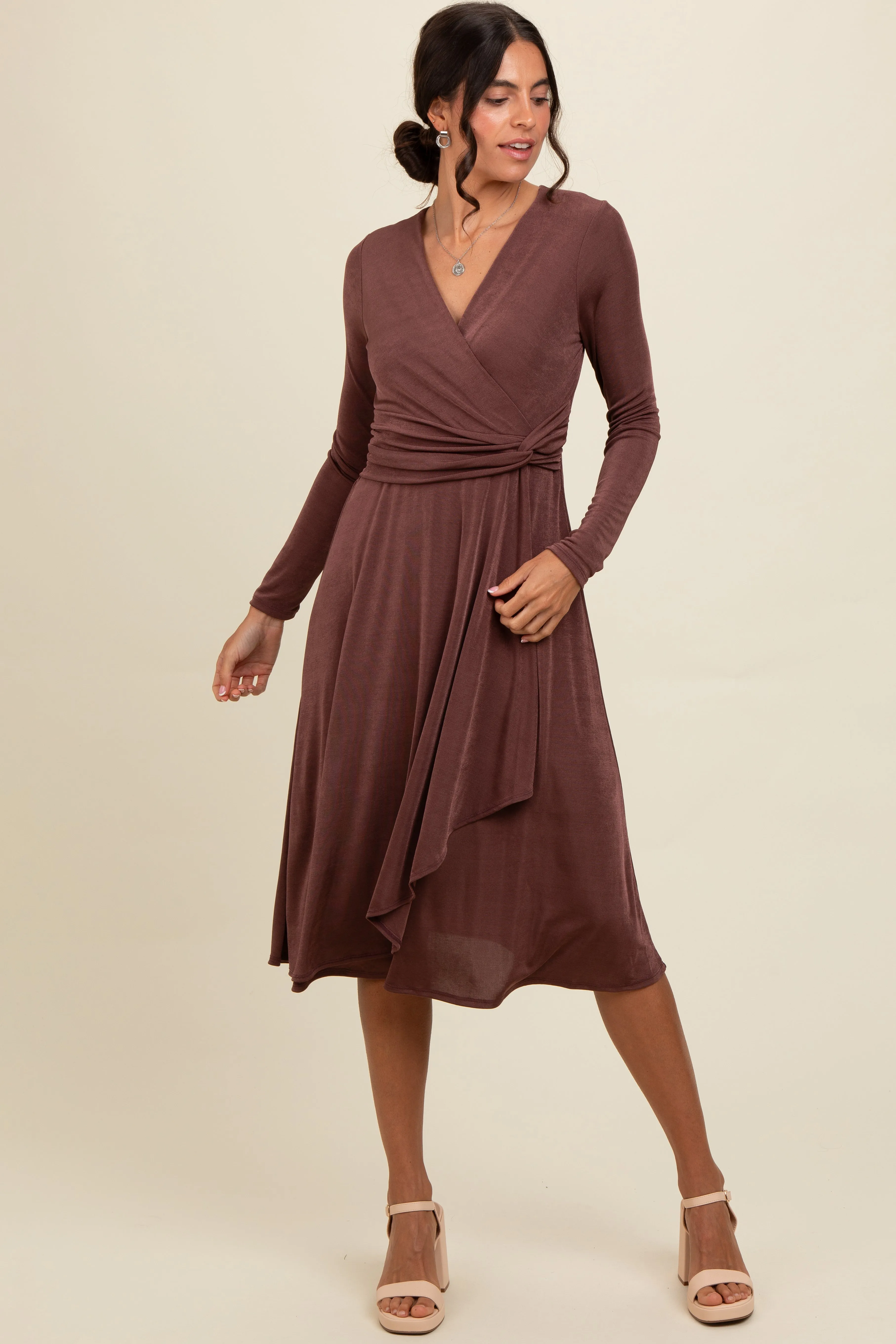 Mauve Metallic Twist Detail Wrap Midi Dress