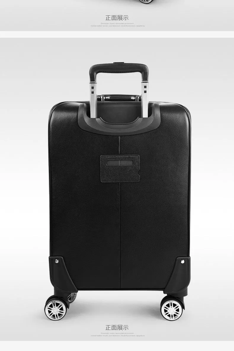 Men's Black Genuine Cow Leather Hand Luggage Suitcase Trolley Bag