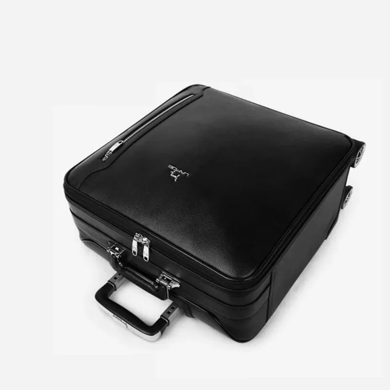 Men's Black Genuine Cow Leather Hand Luggage Suitcase Trolley Bag