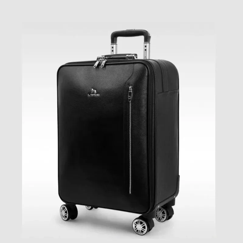 Men's Black Genuine Cow Leather Hand Luggage Suitcase Trolley Bag