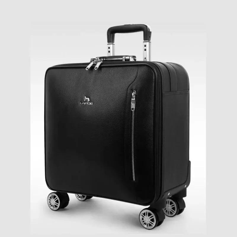 Men's Black Genuine Cow Leather Hand Luggage Suitcase Trolley Bag