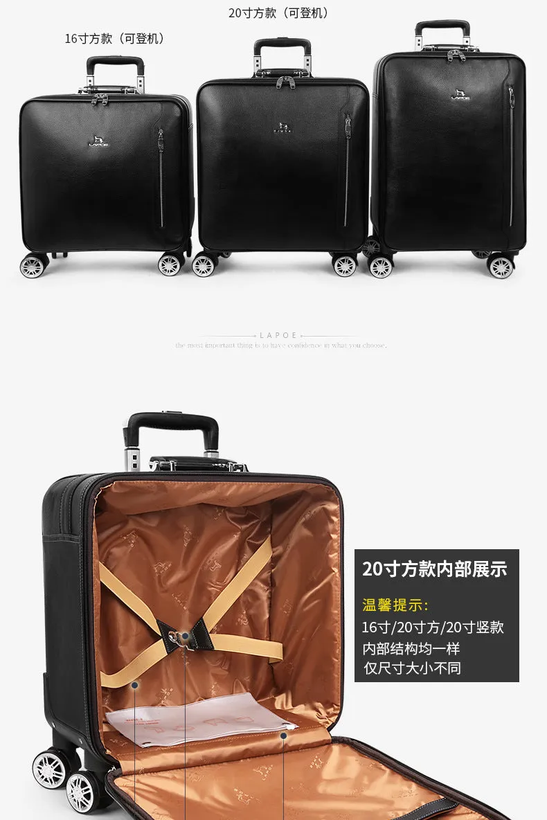 Men's Black Genuine Cow Leather Hand Luggage Suitcase Trolley Bag