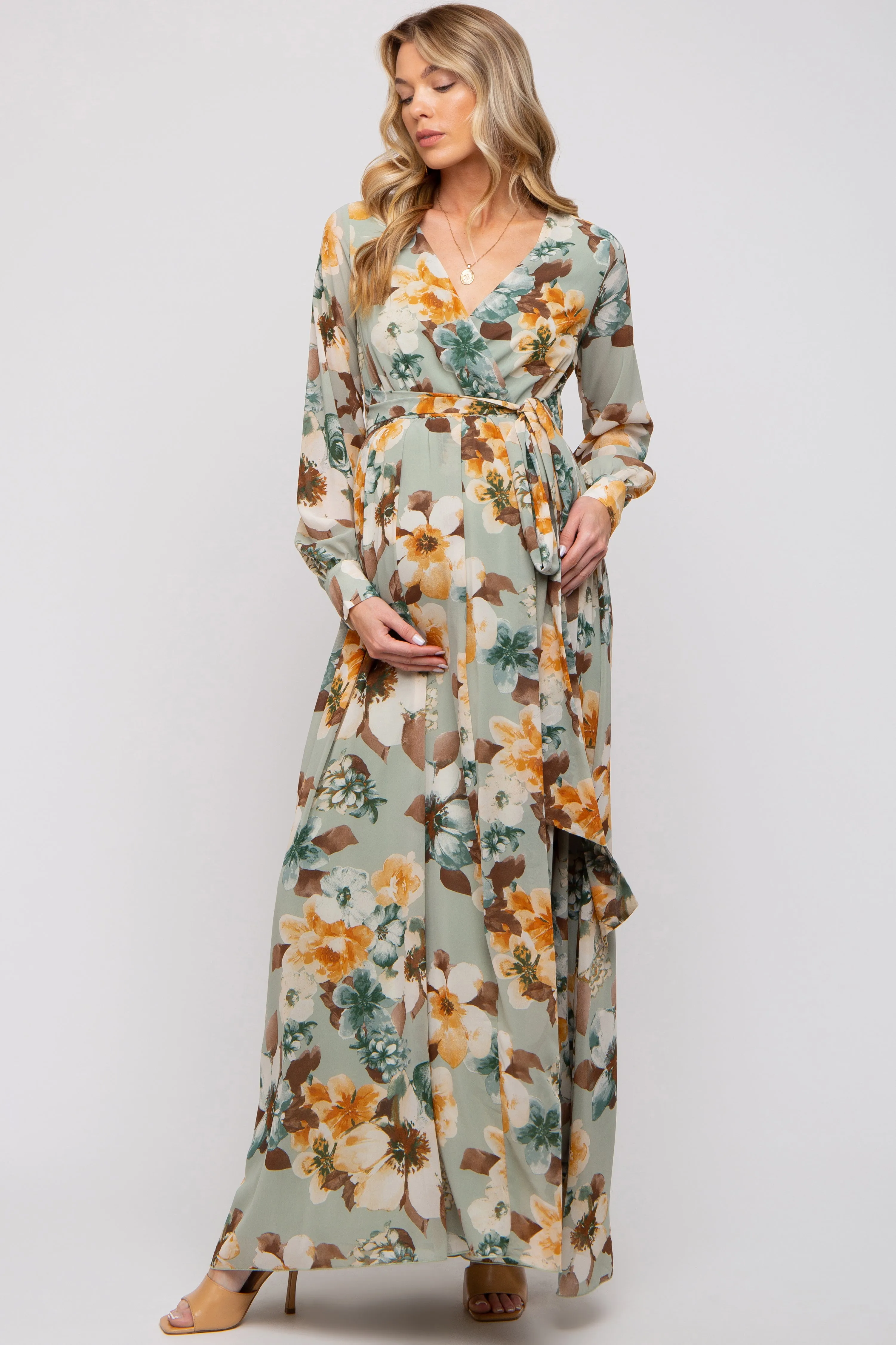 Mint Green Floral Chiffon Wrap Front V-Neck Long Sleeve Maternity Maxi Dress