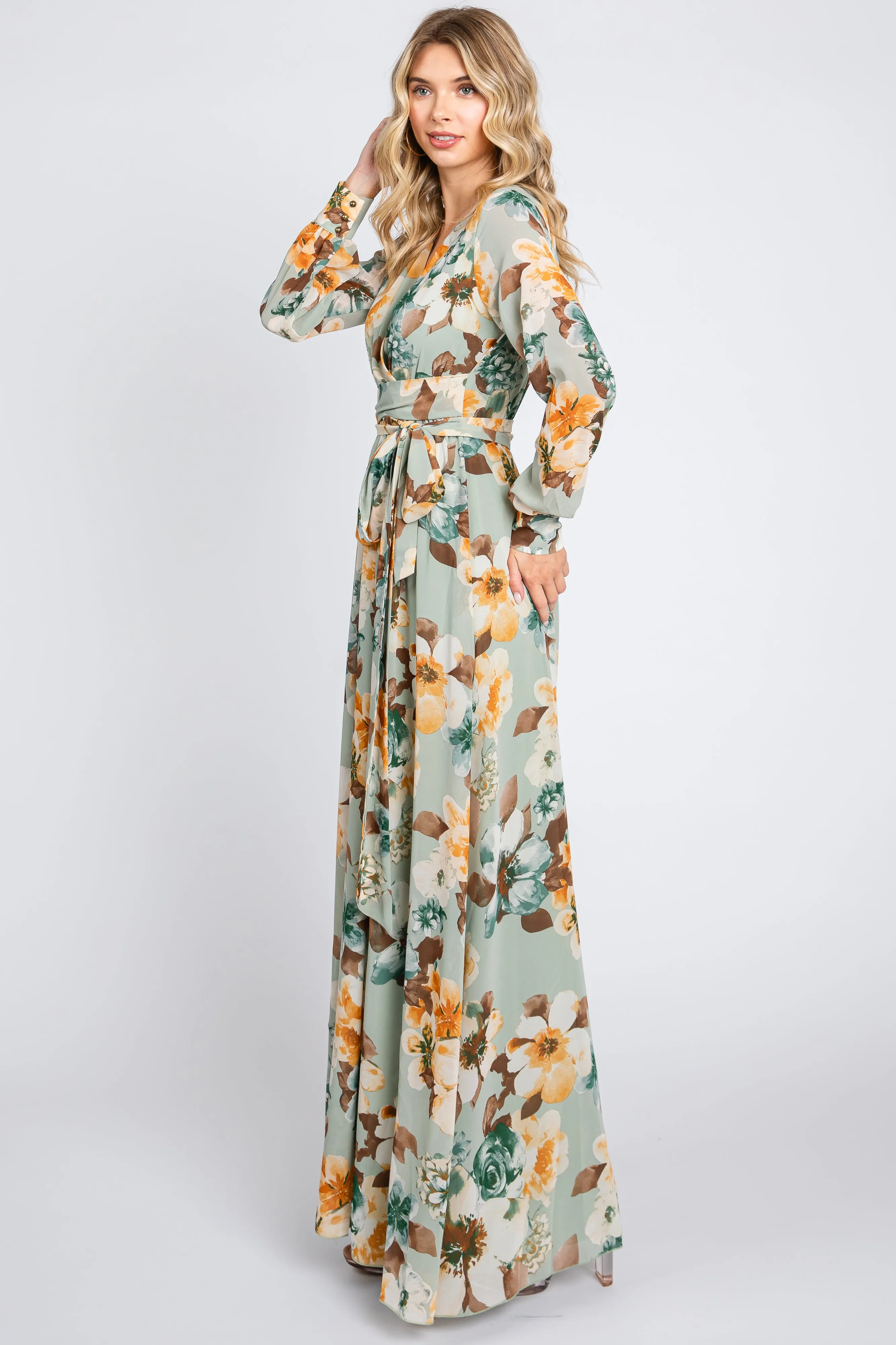 Mint Green Floral Chiffon Wrap Front V-Neck Long Sleeve Maxi Dress