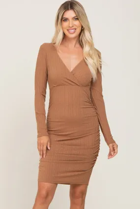 Mocha Ribbed Knit Ruched Wrap Fitted Dress