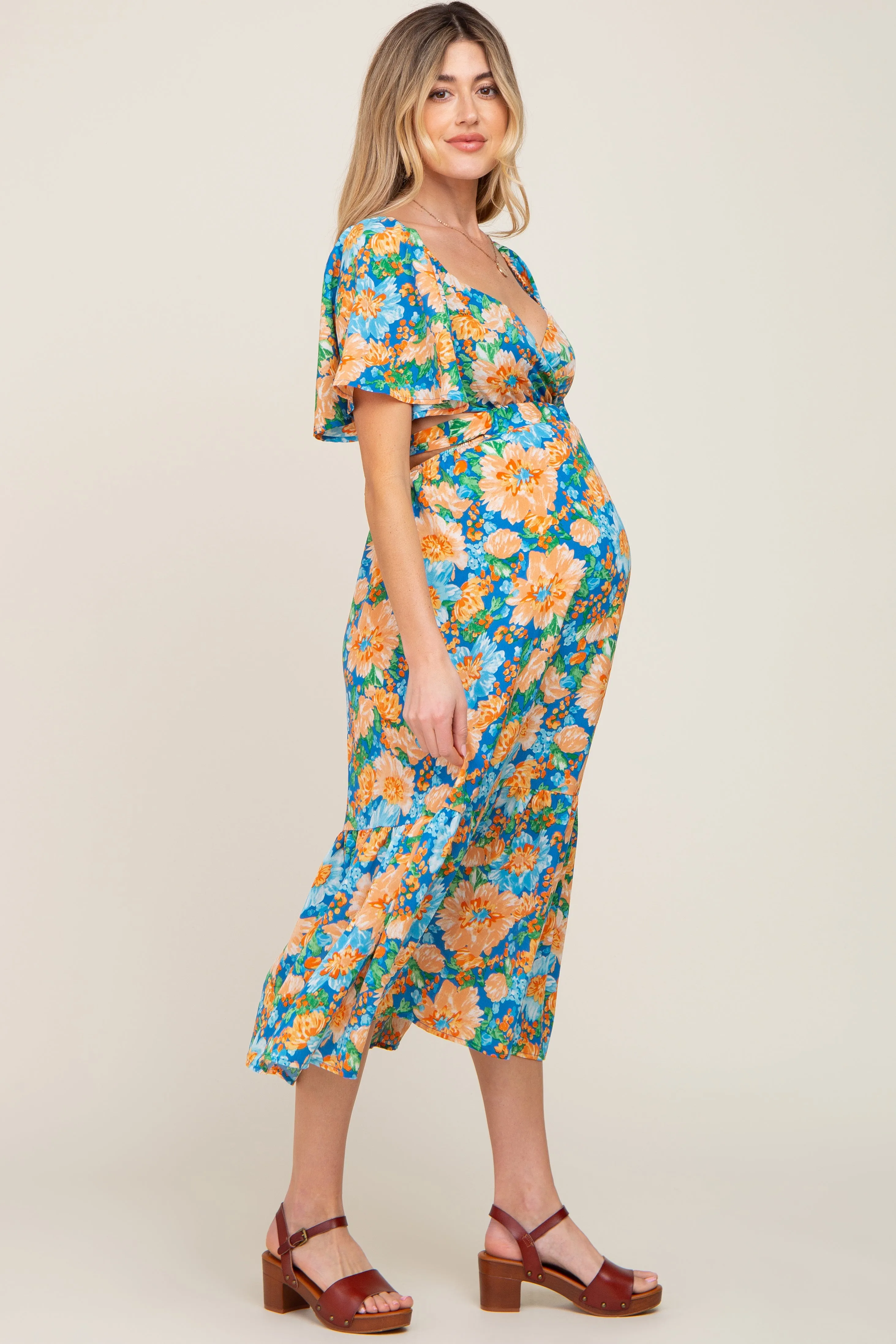 Multi-Color Floral Wrap Front Cutout Back Maternity Midi Dress