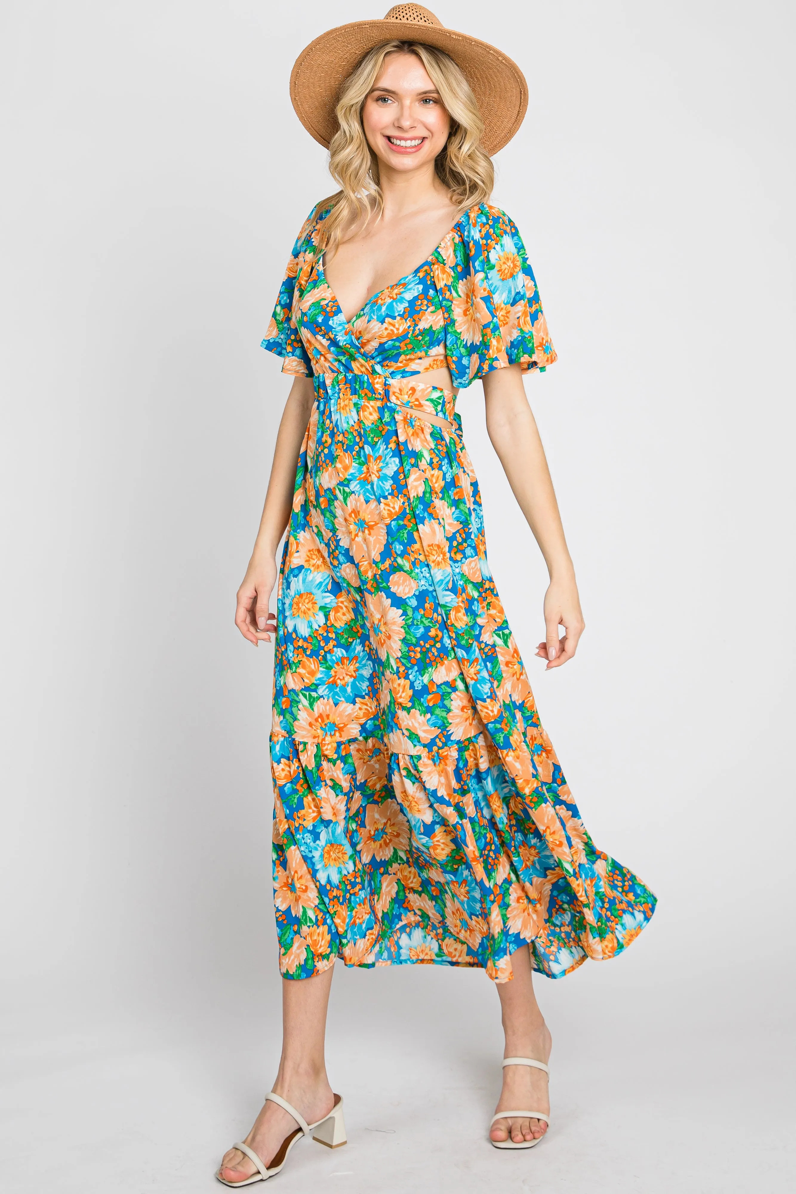 Multi-Color Floral Wrap Front Cutout Back Maternity Midi Dress