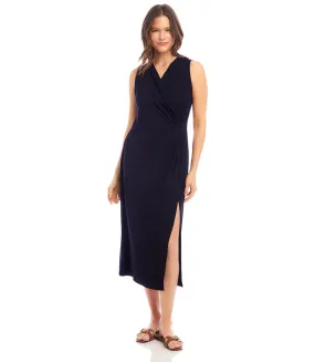 Petite Size Sleeveless Faux Wrap Midi Dress