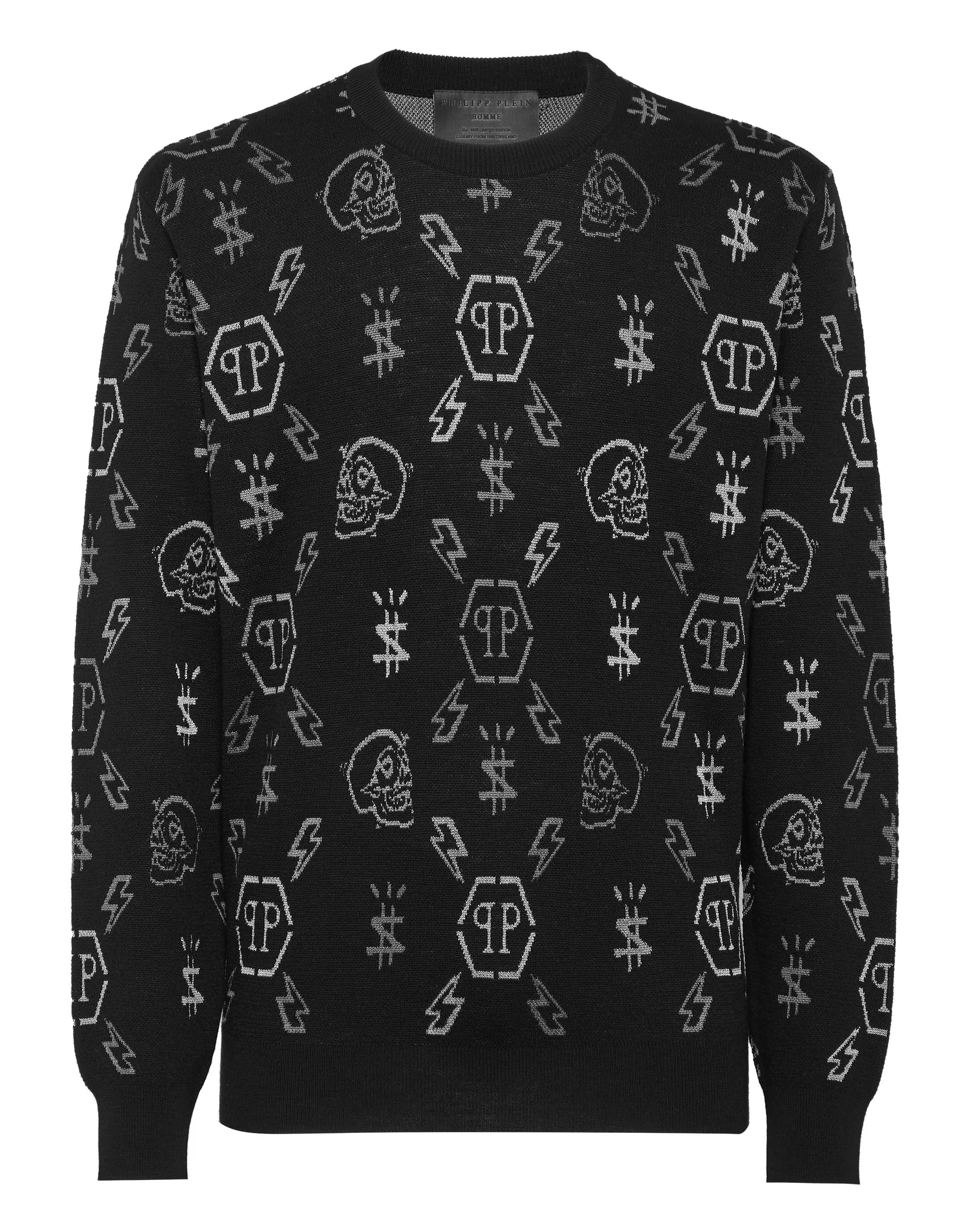 PHILIPP PLEIN Merino wool Pullover Round Neck LS Jacquard Monogram