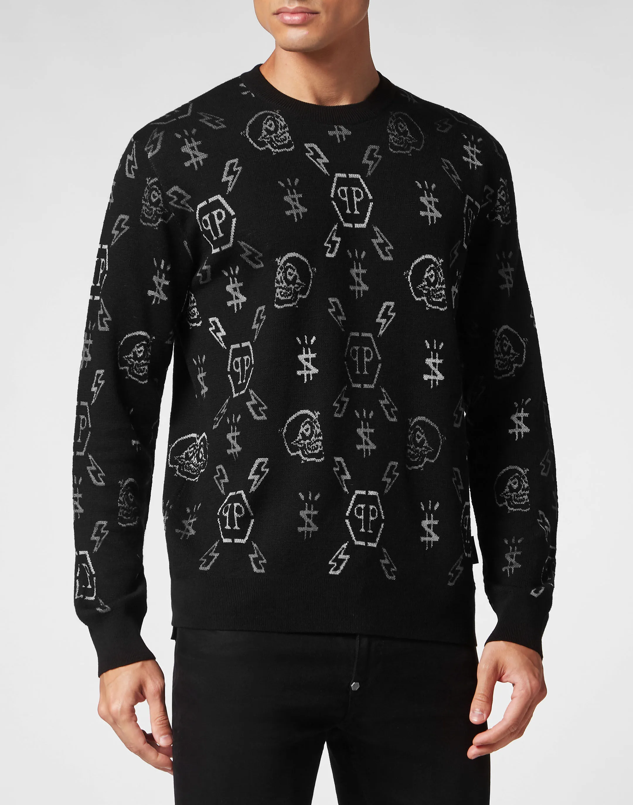 PHILIPP PLEIN Merino wool Pullover Round Neck LS Jacquard Monogram