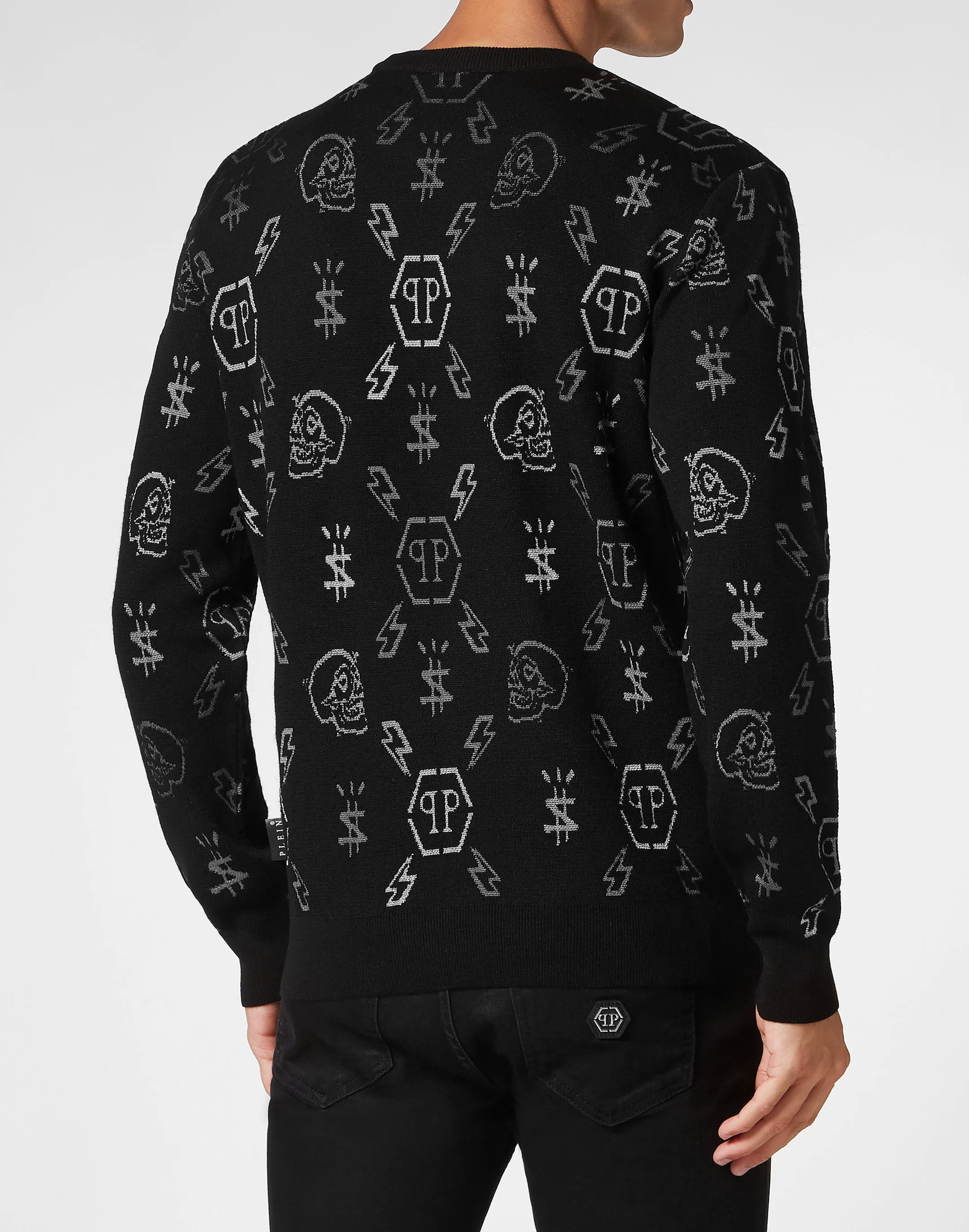 PHILIPP PLEIN Merino wool Pullover Round Neck LS Jacquard Monogram